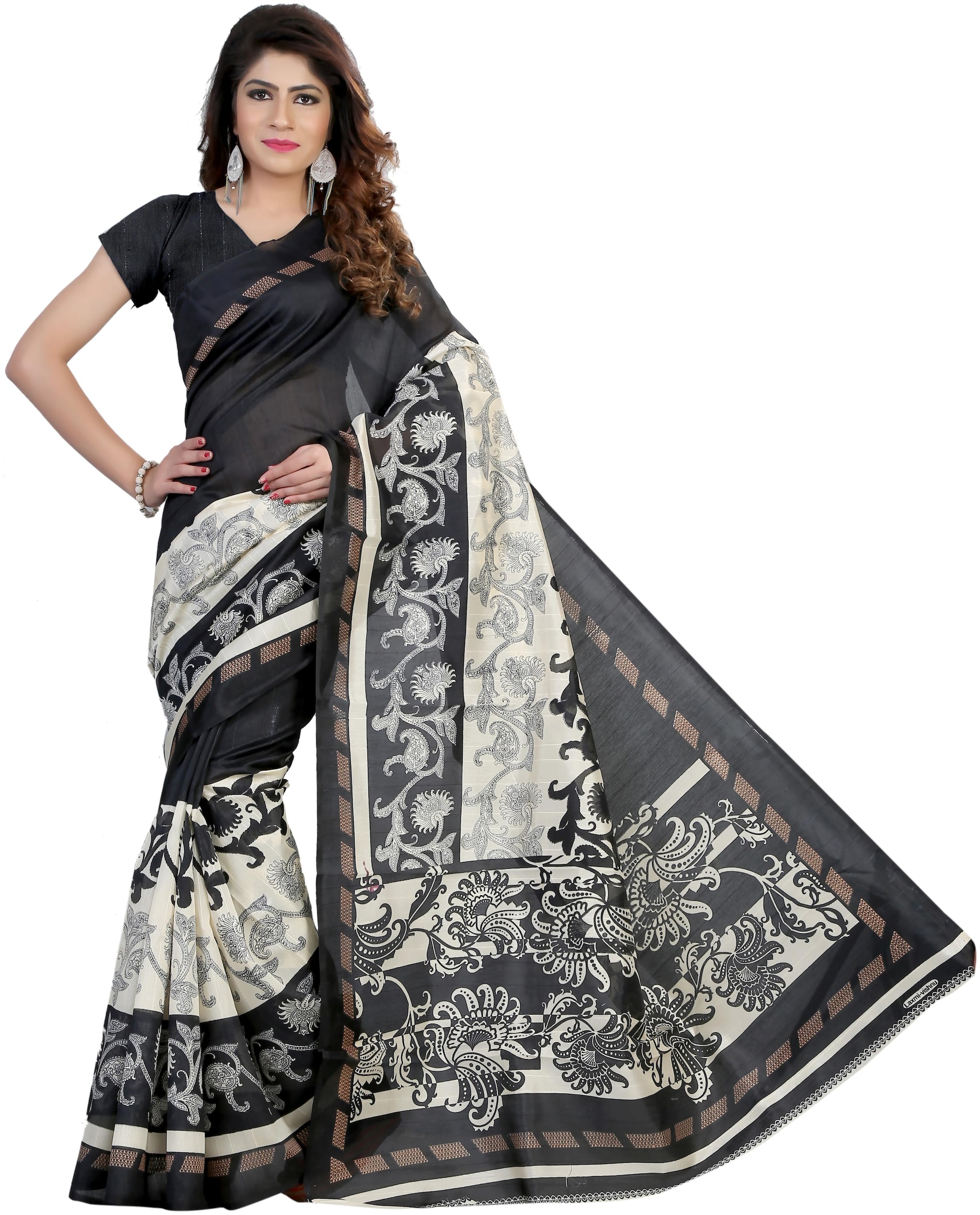 

Marabout Bangalori silk saree With Blouse pcs - Black Grey