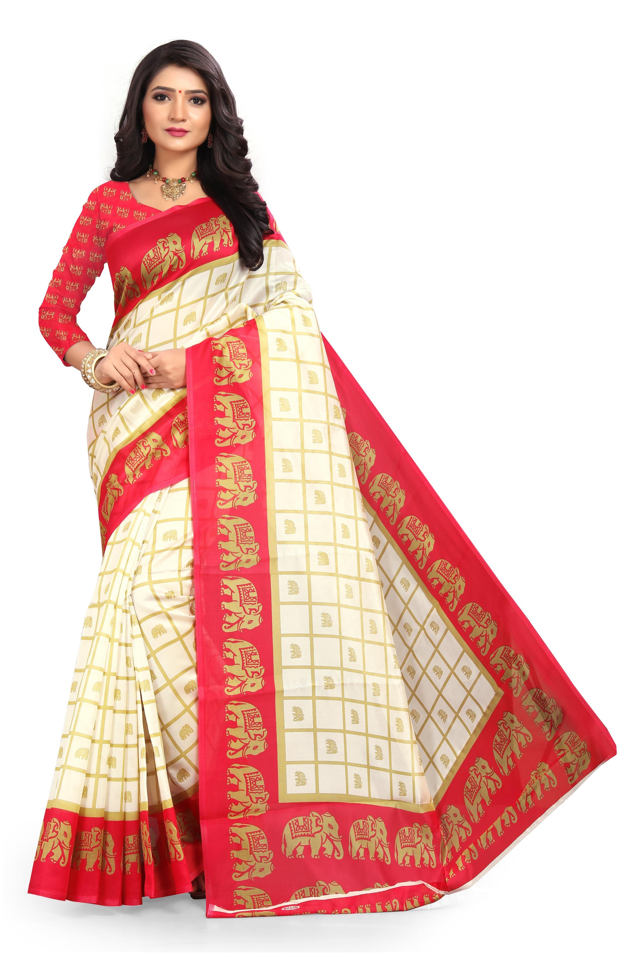 

Marabout Pink Beige Checkered Bandhani Regular Saree With Blouse With blouse