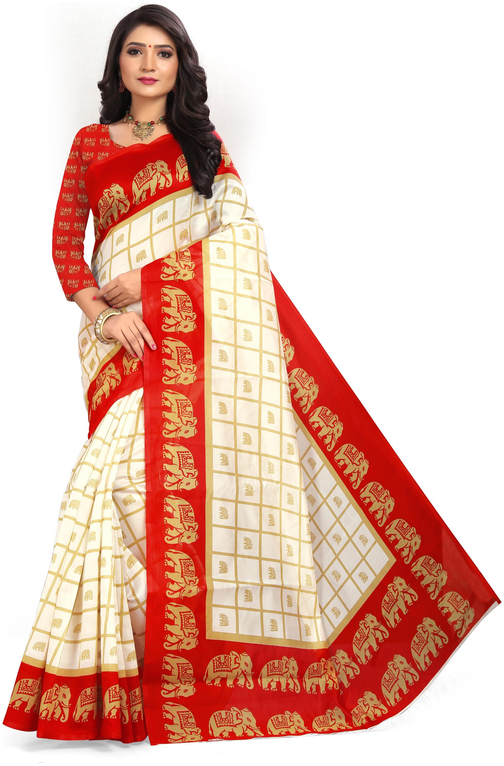 

Marabout Bhagalpuri silk saree With Blouse pcs Red Beige