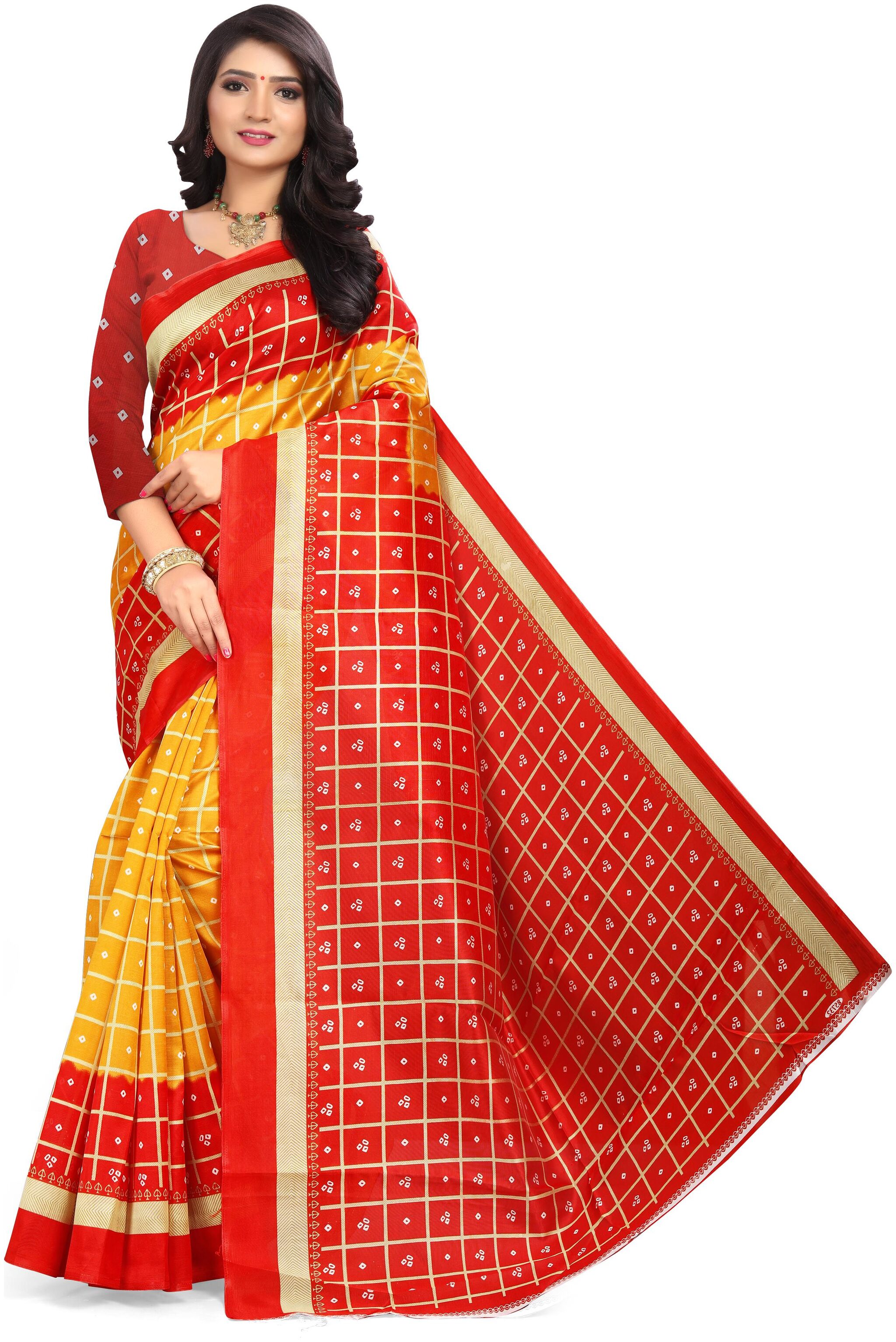 

Marabout Red Yellow Checkered Bandhani Regular Saree With Blouse With blouse