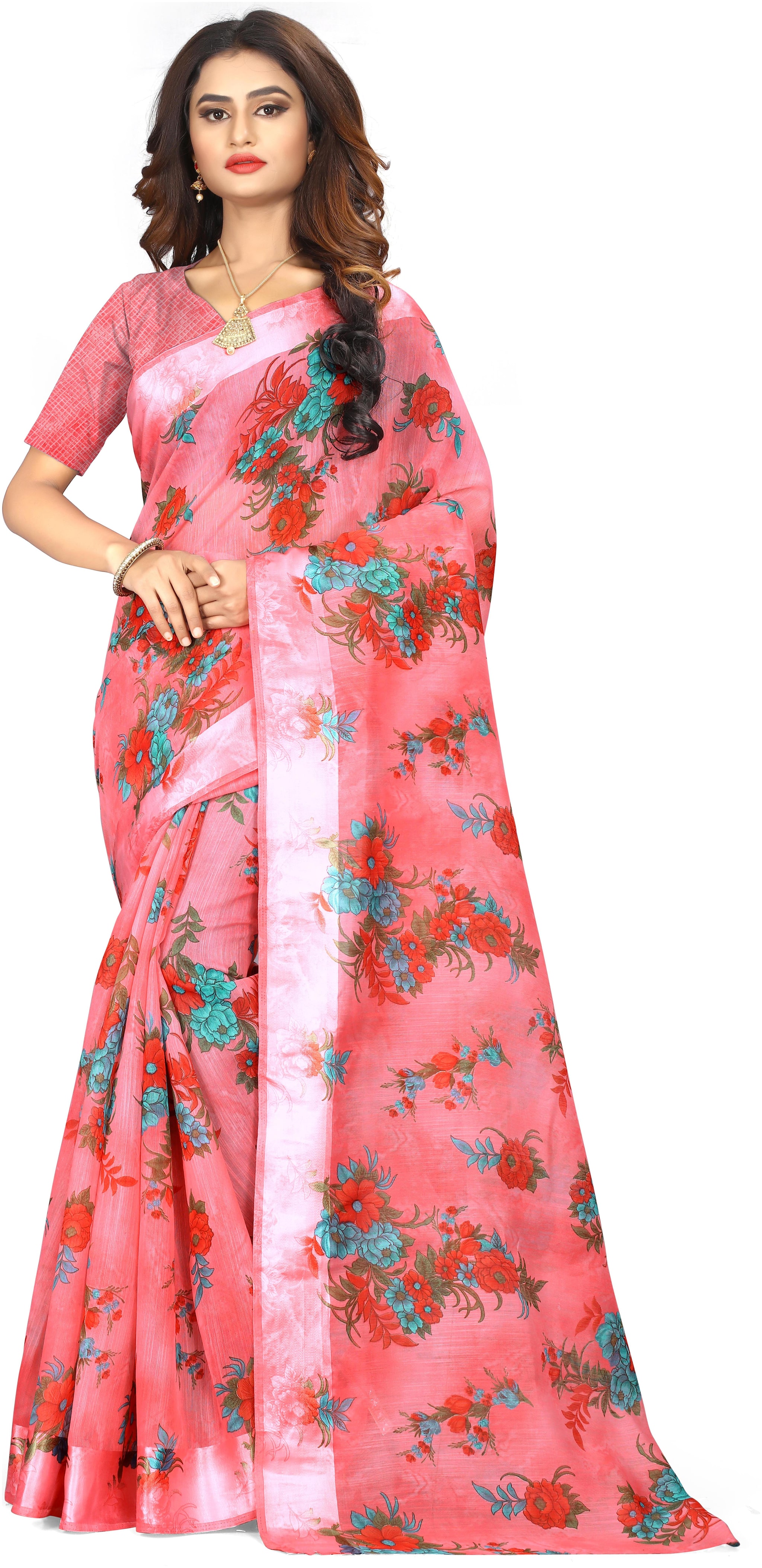 

Marabout Satin Floral Pink Designer Saree