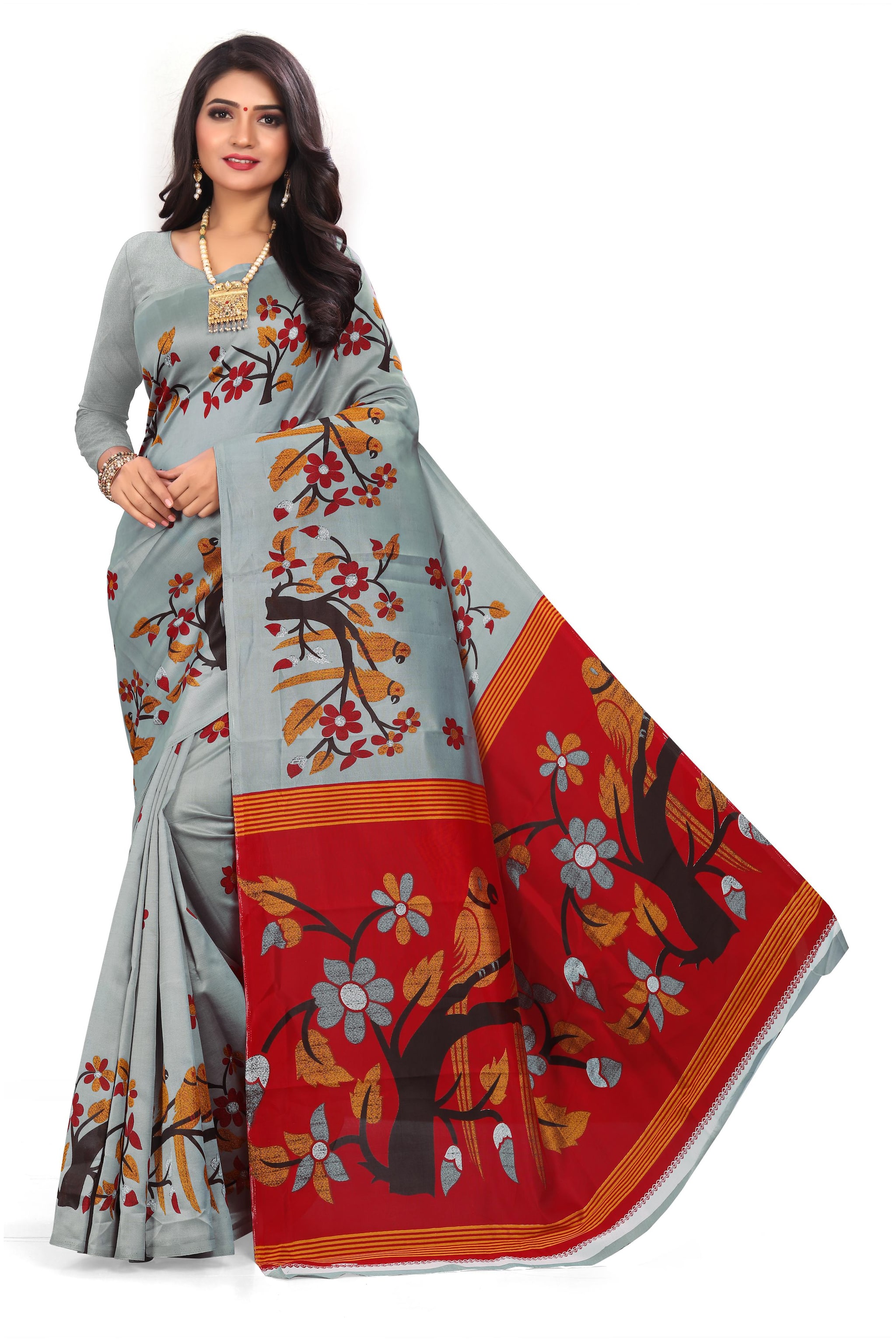 

Marabout Synthetic Block Print Silver Regular Saree For Women