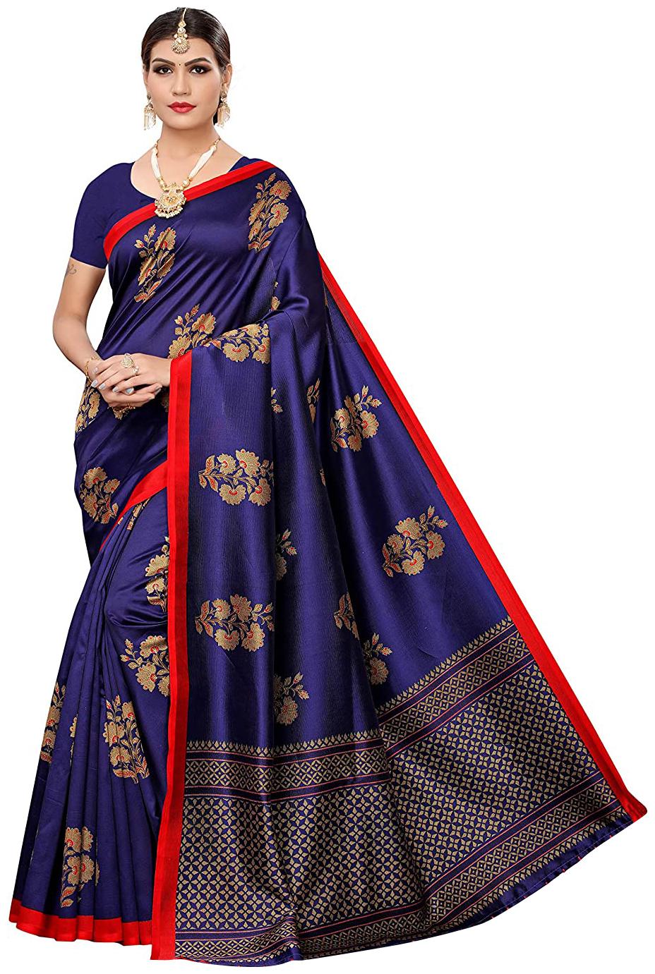 

Marabout Women s Navy Blue Silk Floral Saree