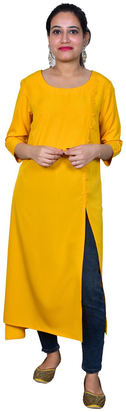 

Maravillesa Women Yellow Solid Flared Kurti With Trousers