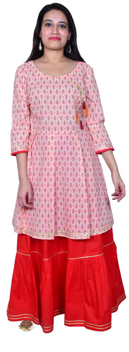 

Maravillesa Women Pink Printed Flared Kurti With Skirt