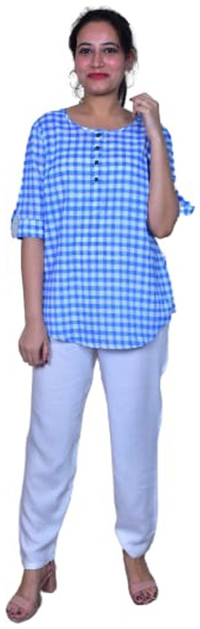 

Maravillesa Cotton Blue Checkered Kurti Trousers For Women
