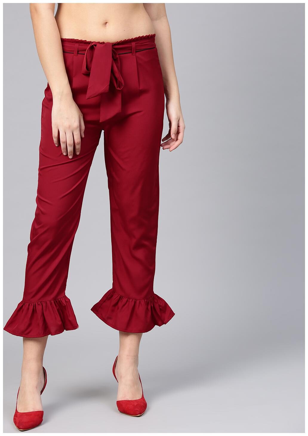 

Maroon ankle length crepe straight palazzo with belt