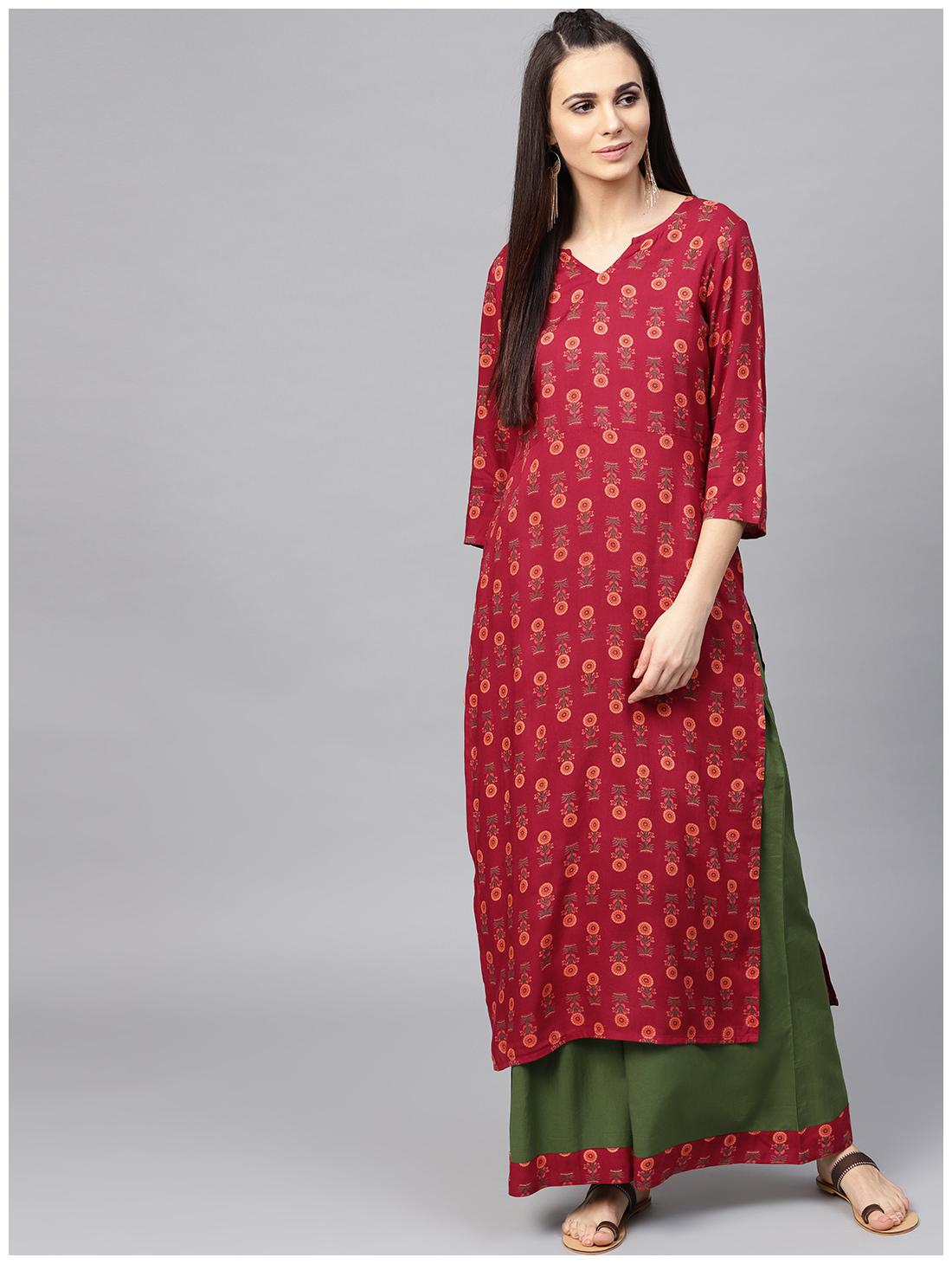 

AASI- HOUSE OF NAYO Women Maroon Floral Straight Kurta With Palazzo