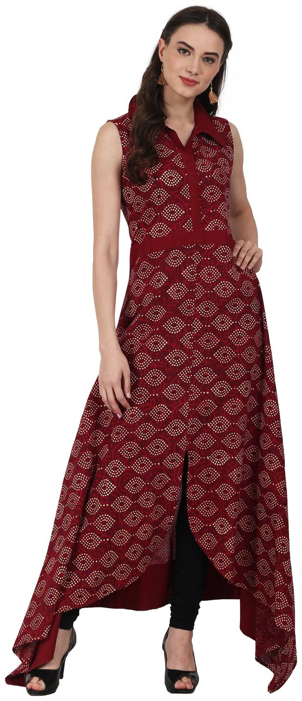 

Nayo Maroon Printed Sleevless Assymetric Cotton A-Line Kurta