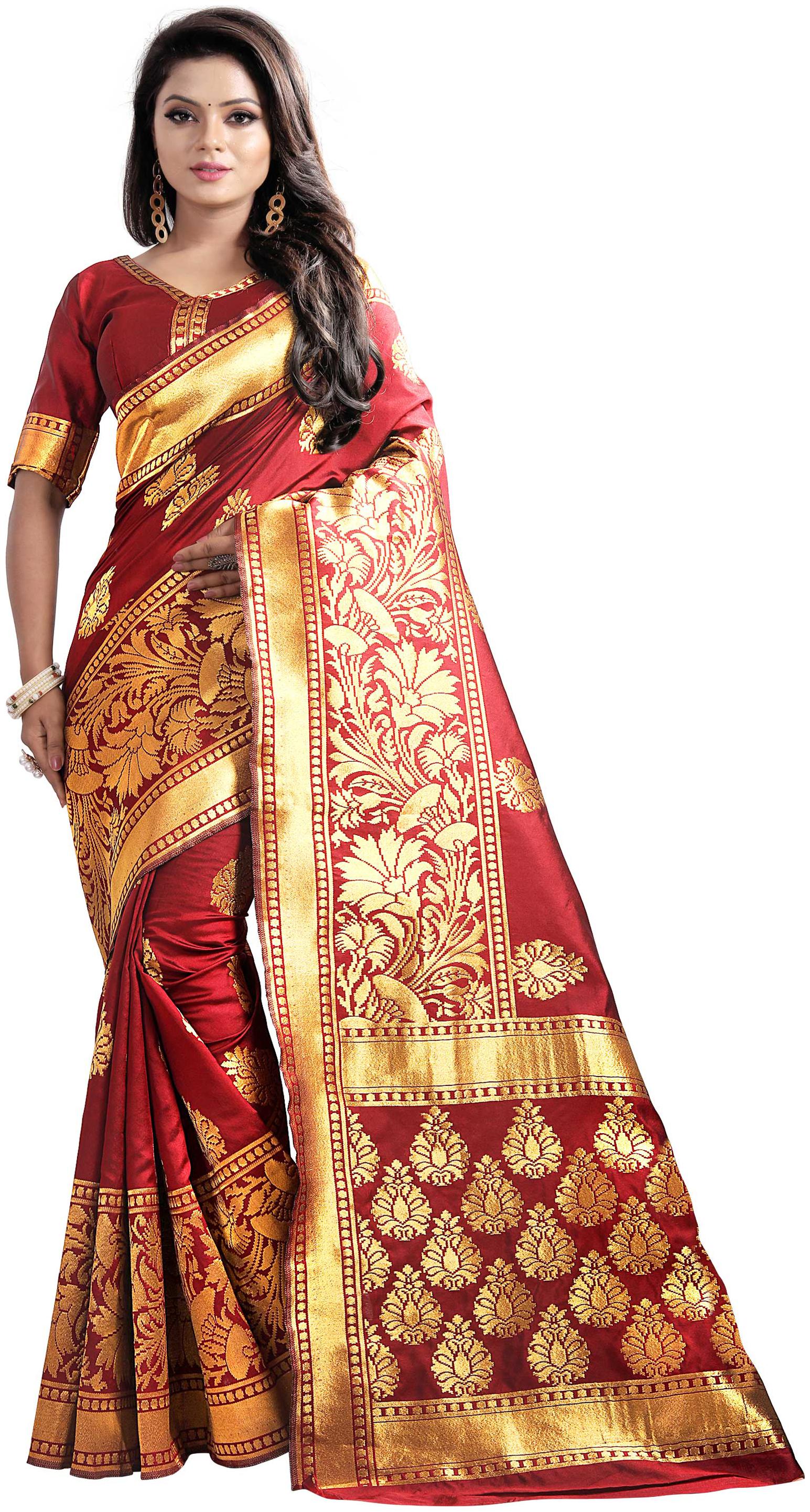 

Maroon Woven Banarasi Silk Saree with Blouse Piece