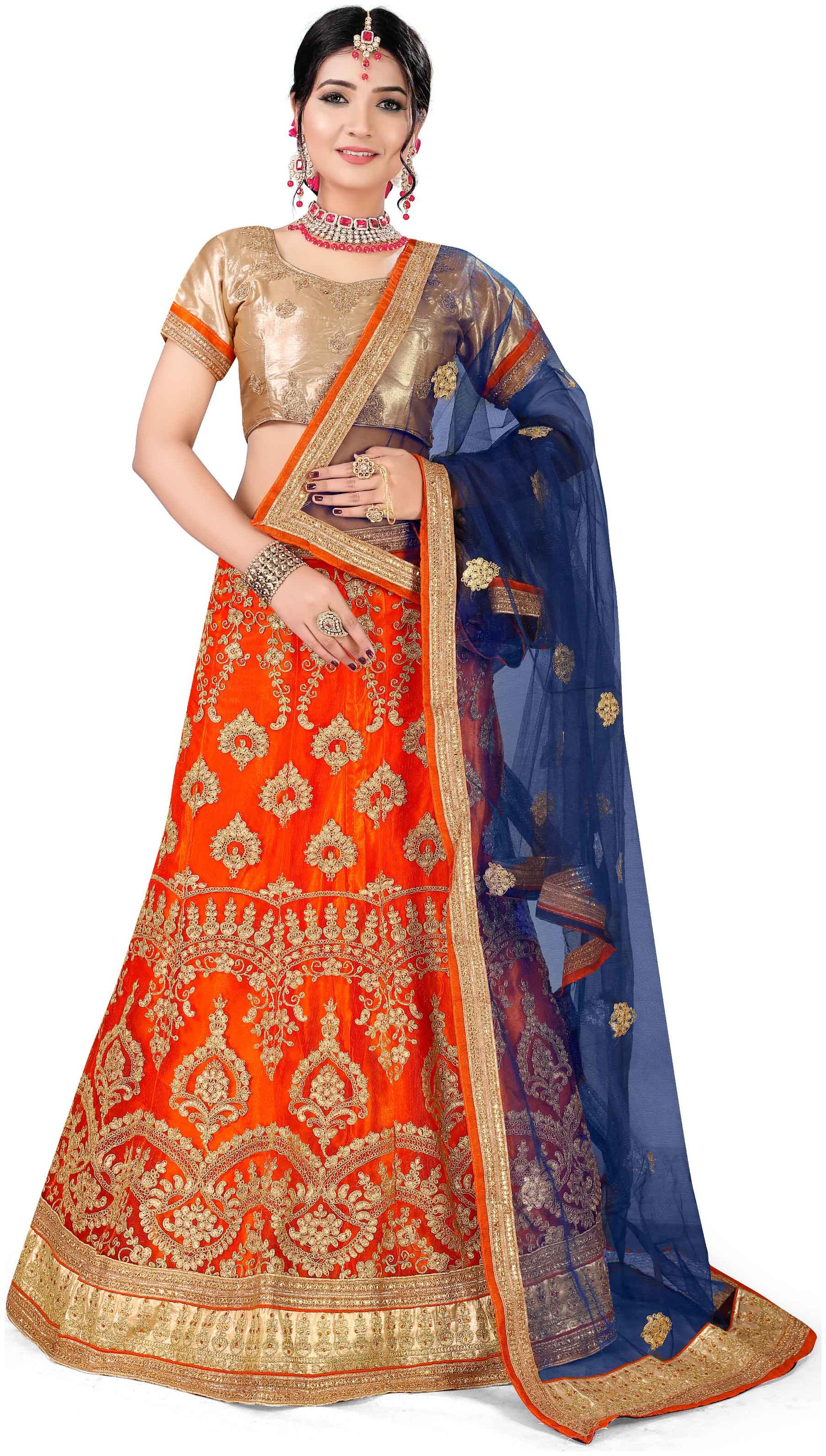 

Maroosh A-Line Semi Stitched Orange Lehenga Choli