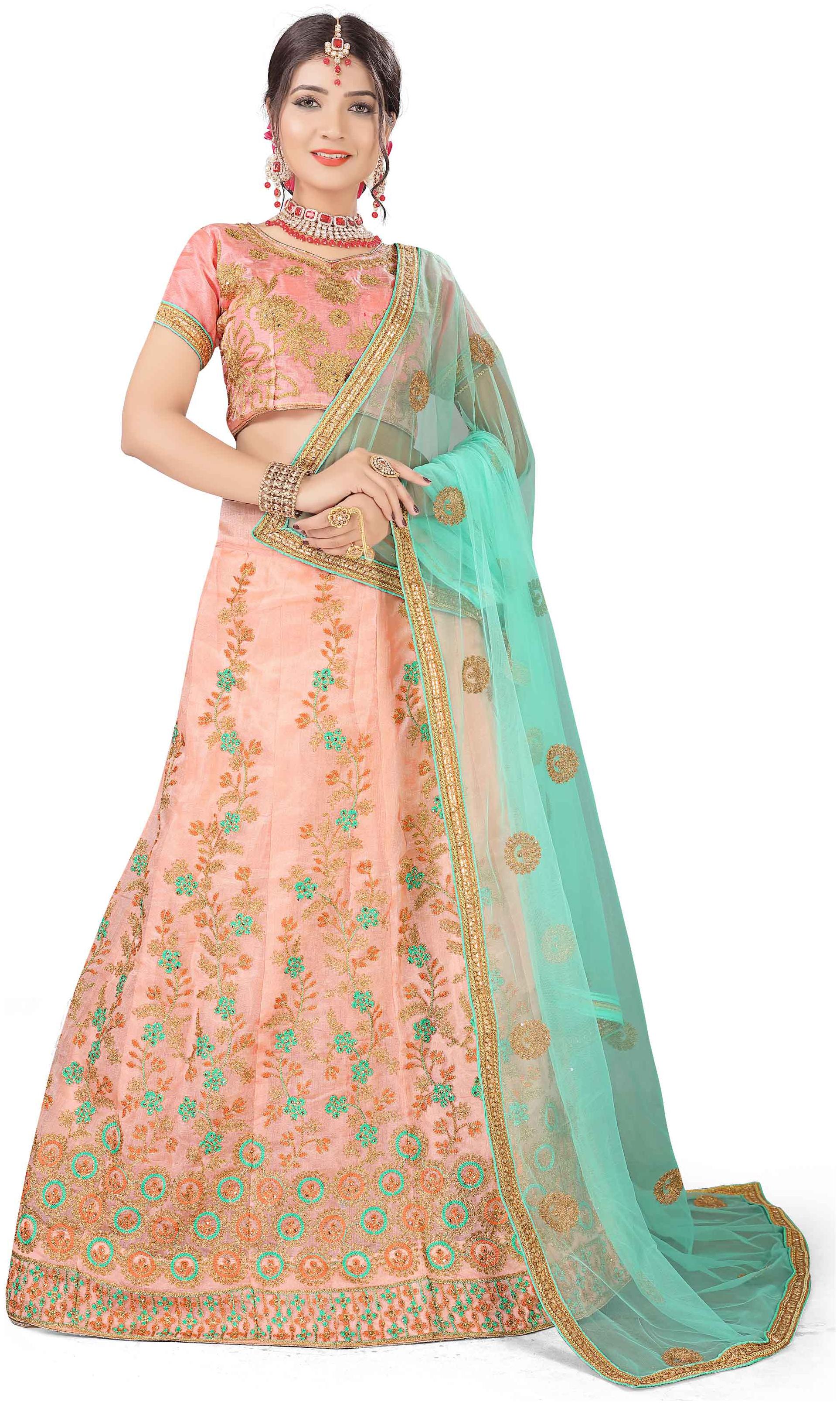 

Maroosh A-Line Semi Stitched Peach Lehenga Choli
