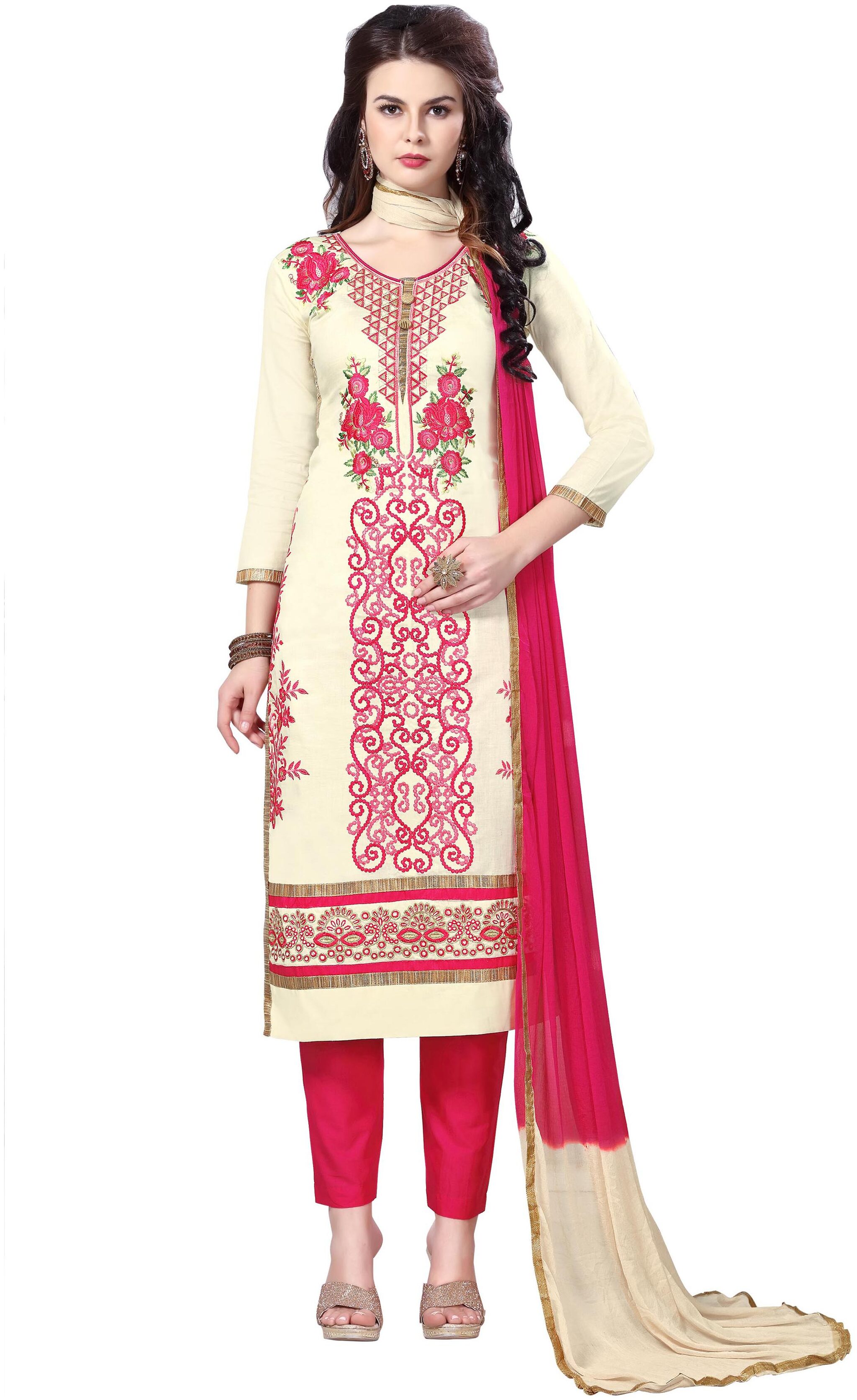 

Maroosh Cotton Embroidered Semistiched Kurta Bottom Dupatta - Cream Pink