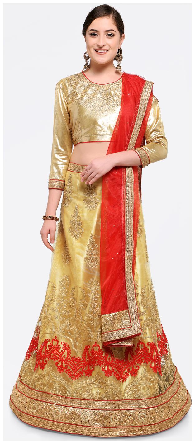 

Maroosh Net Embroidered Semistiched Beige Lehenga Choli Dupatta
