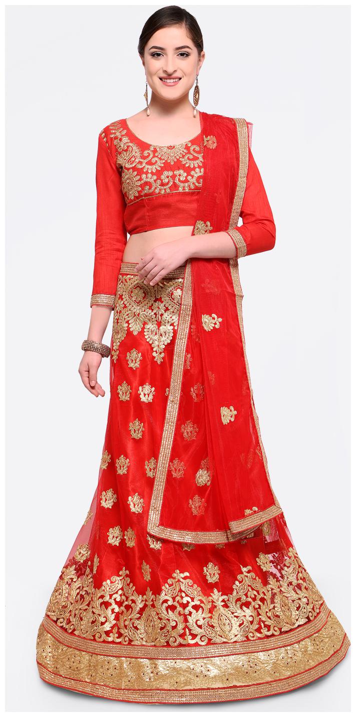 

Maroosh Net Embroidered Semistiched Red Lehenga Choli Dupatta