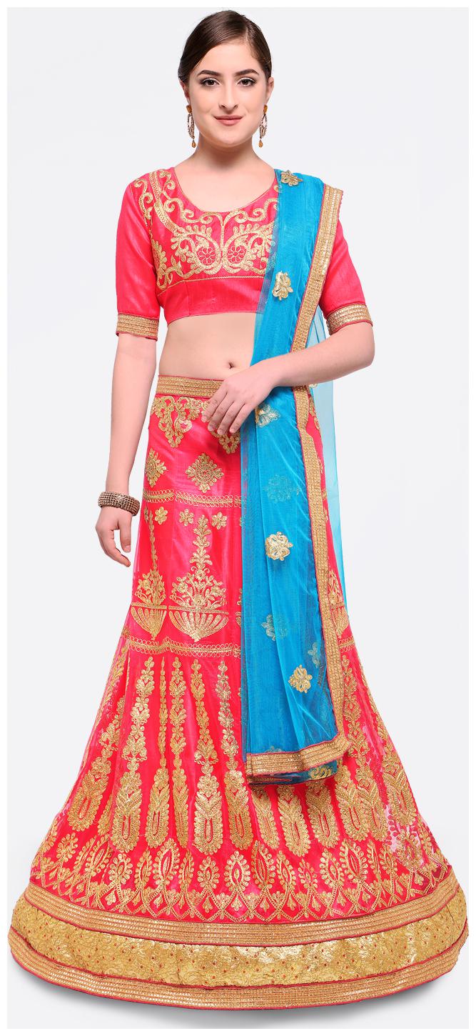 

Maroosh Net Embroidered Semistiched Pink Lehenga Choli Dupatta