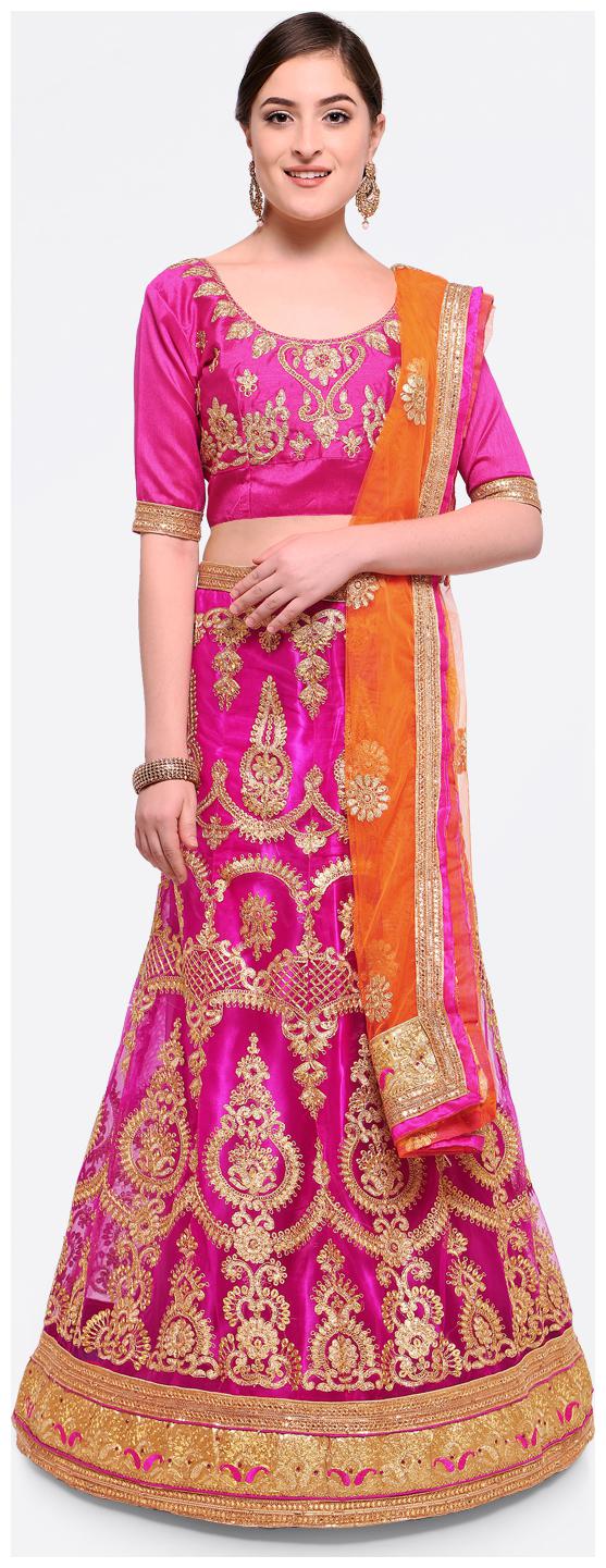 

Maroosh Net Embroidered Semistiched Pink Lehenga Choli Dupatta