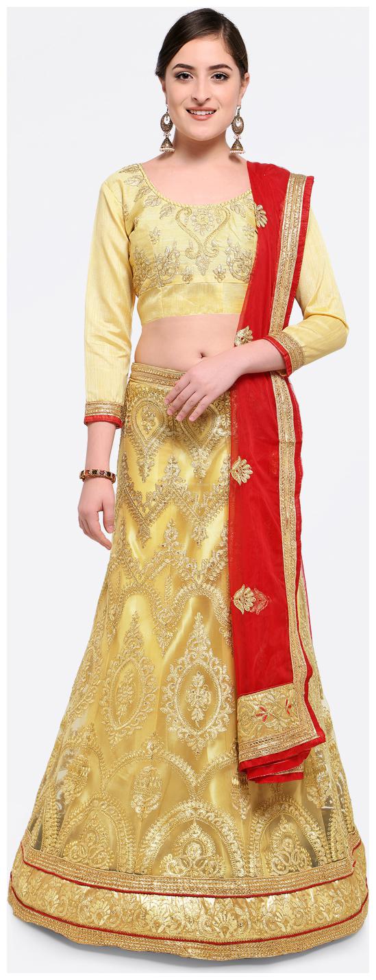 

Maroosh Net Embroidered Semistiched Beige Lehenga Choli Dupatta