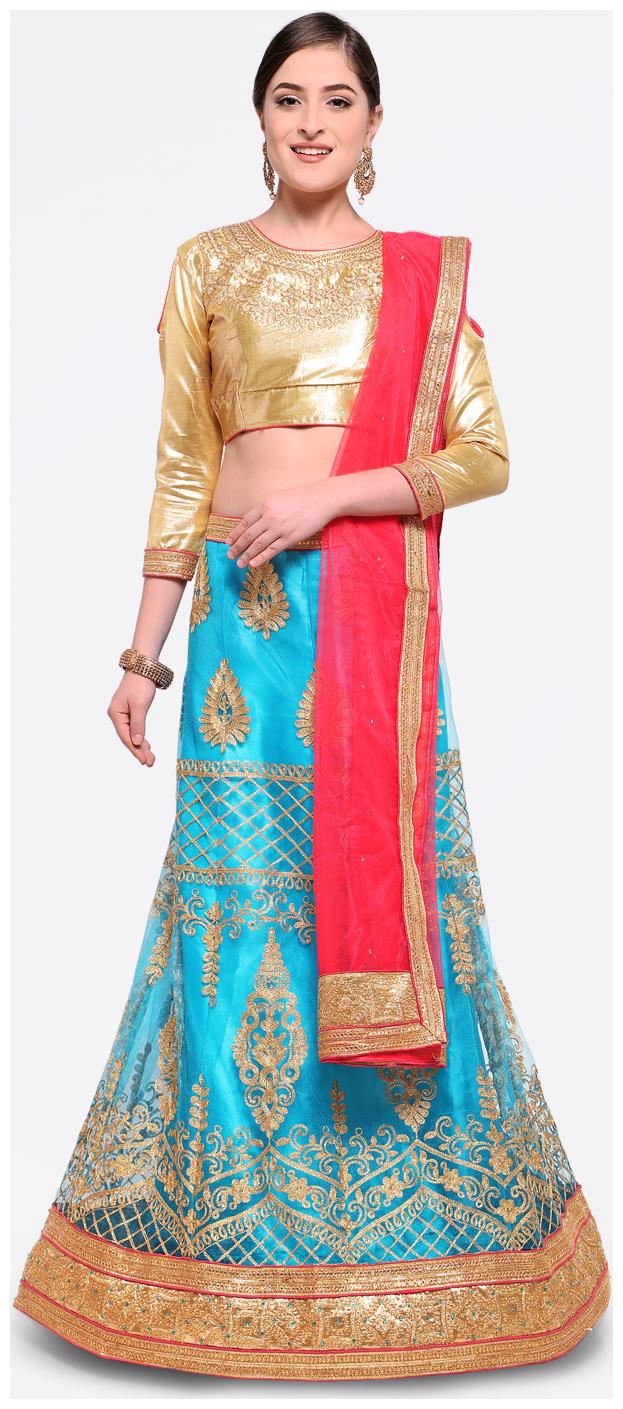 

Maroosh Net Embroidered Semistiched Blue Lehenga Choli Dupatta