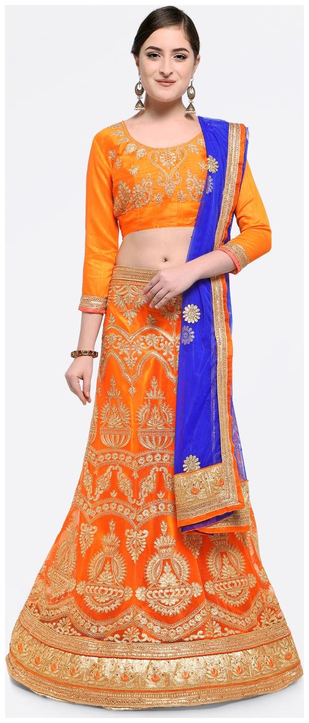 

Maroosh Net Embroidered Semistiched Orange Lehenga Choli Dupatta