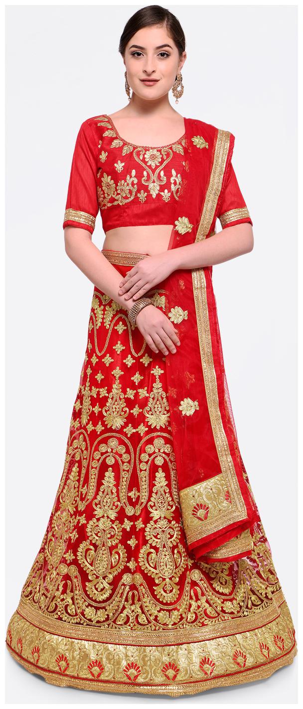 

Maroosh Net Embroidered Semistiched Red Lehenga Choli Dupatta