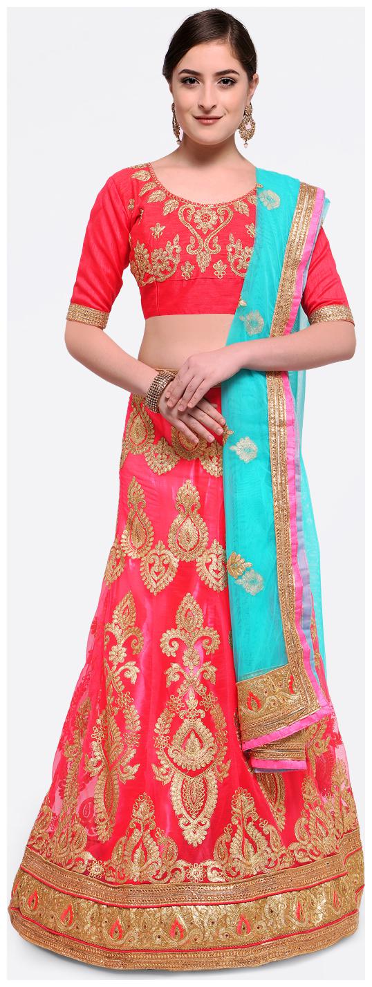 

Maroosh Net Embroidered Semistiched Pink Lehenga Choli Dupatta