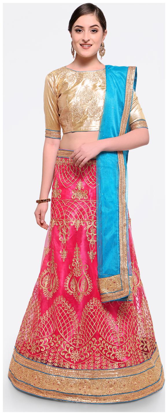 

Maroosh Net Embroidered Semistiched Pink Lehenga Choli Dupatta