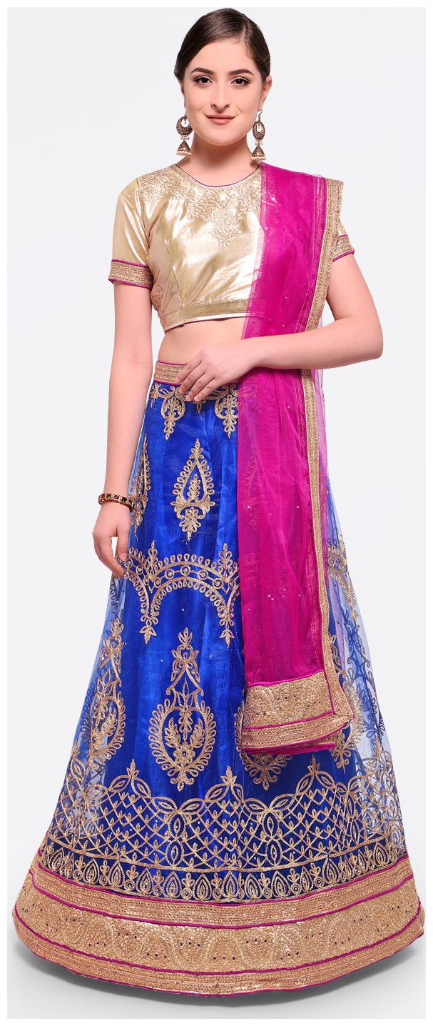 

Maroosh Net Embroidered Semistiched Blue Lehenga Choli Dupatta