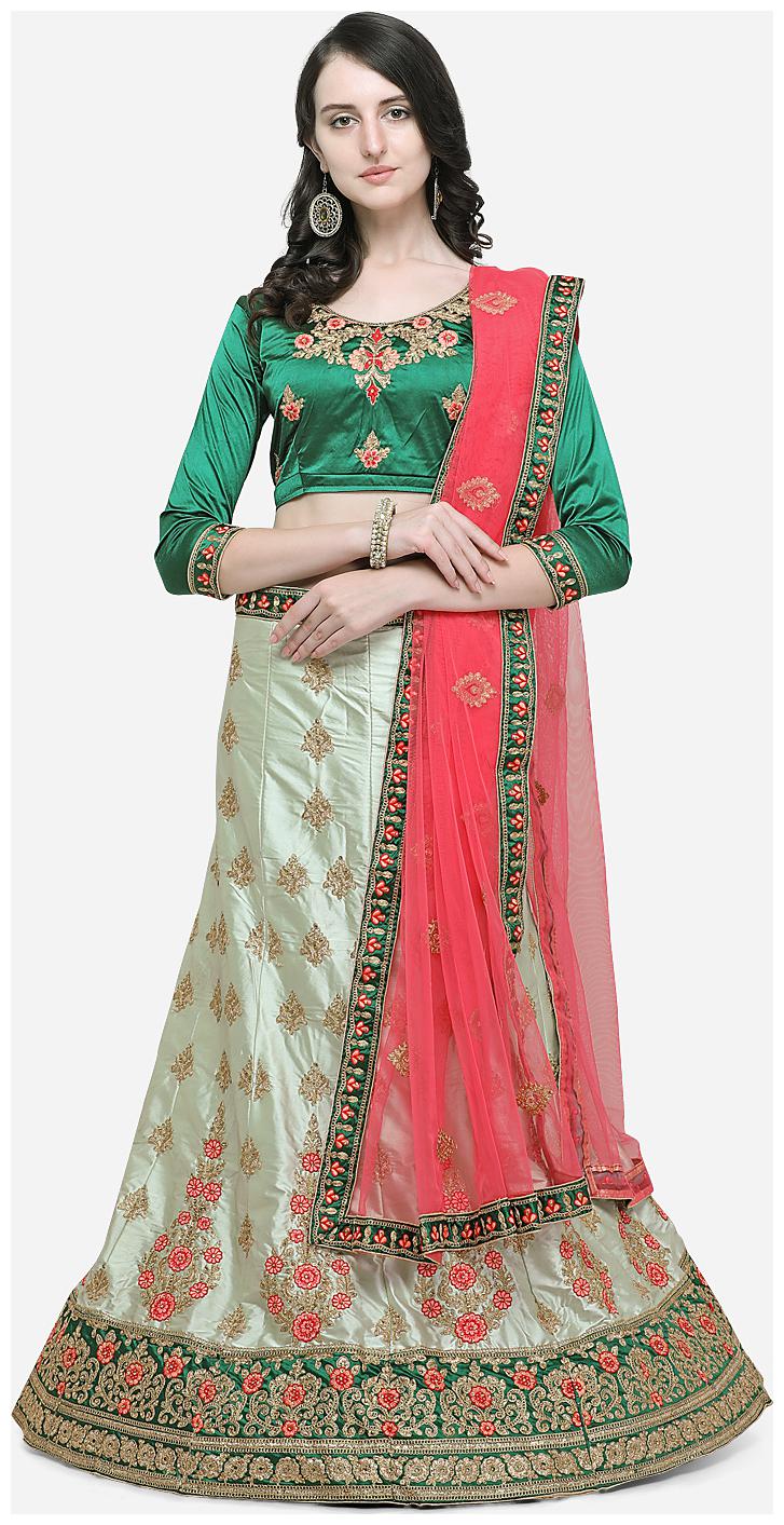 

Maroosh Satin Embroidered Semi Stitched Lehenga Choli - Green