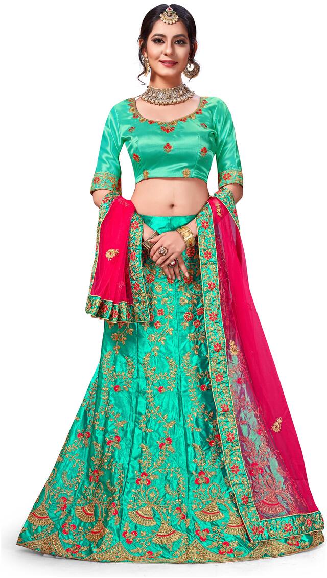 Maroosh Satin Embroidered Semi Stitched Lehenga Choli - Green