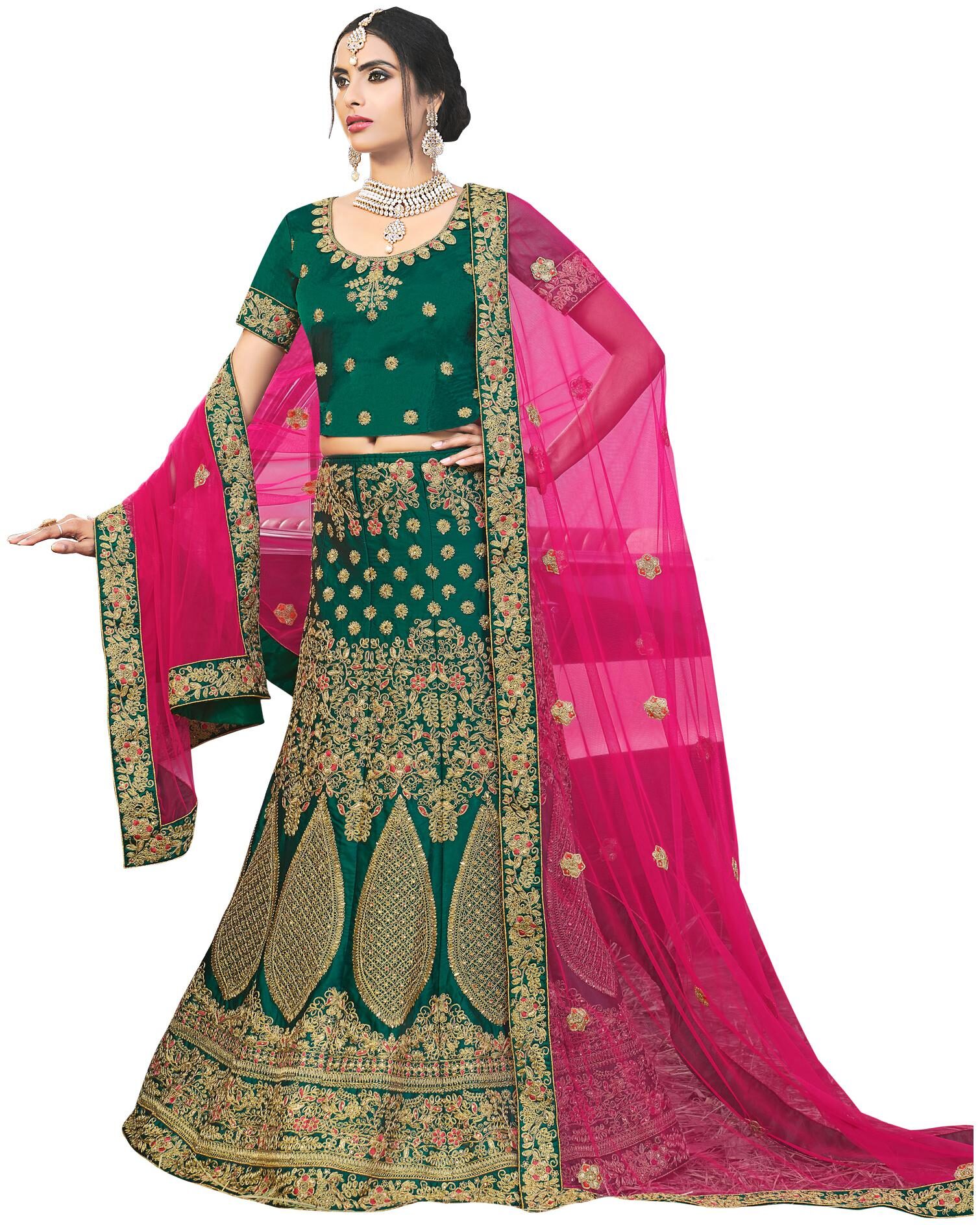 

Maroosh Satin Embroidered Semi Stitched Lehenga Choli - Green