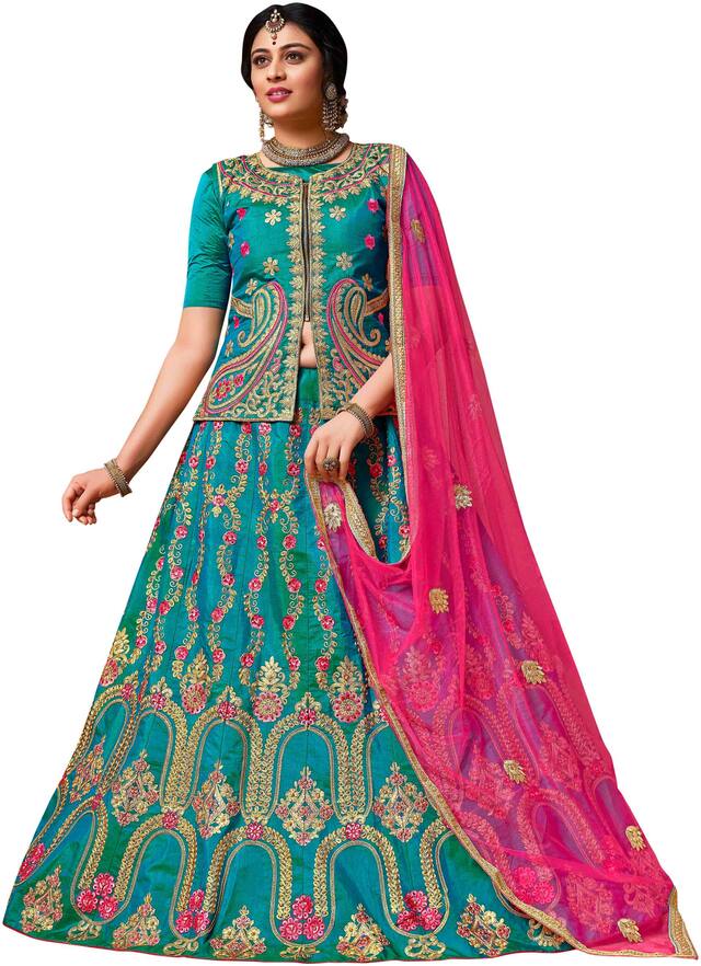 Maroosh Silk Women's Embroidered Lehenga Choli In Blue Color