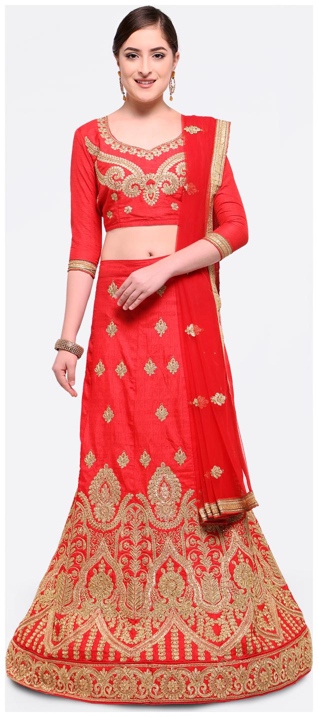 

Maroosh Silk Embroidered Semistiched Red Lehenga Choli Dupatta