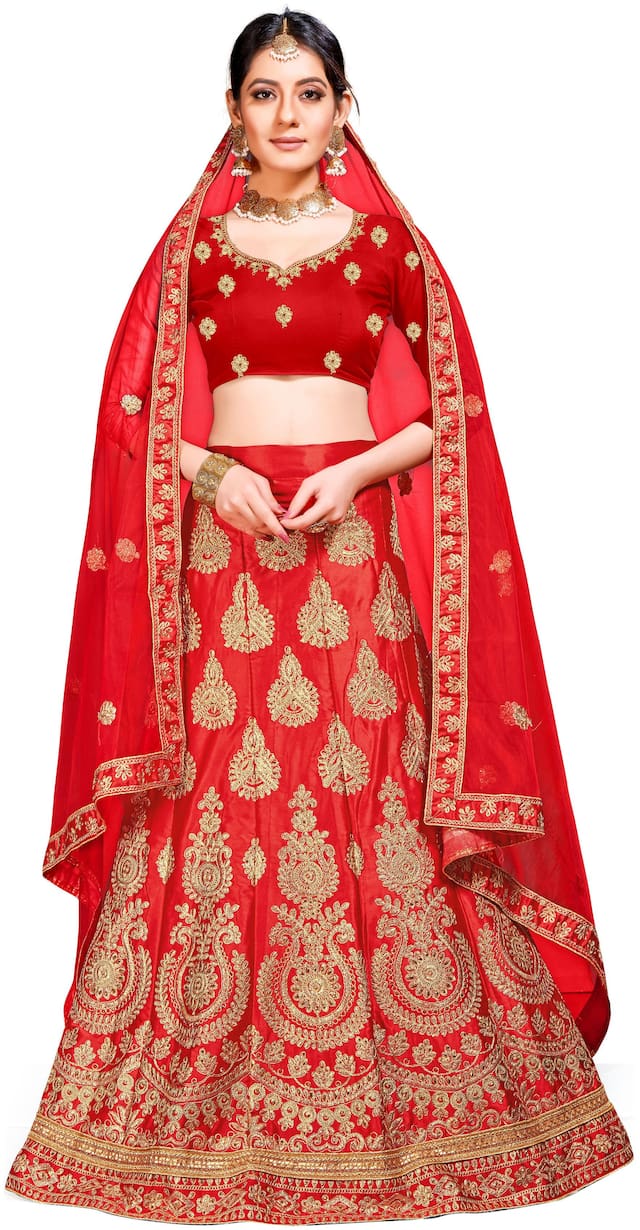 Maroosh Silk Embroidered Semi Stitched Lehenga Choli - Red
