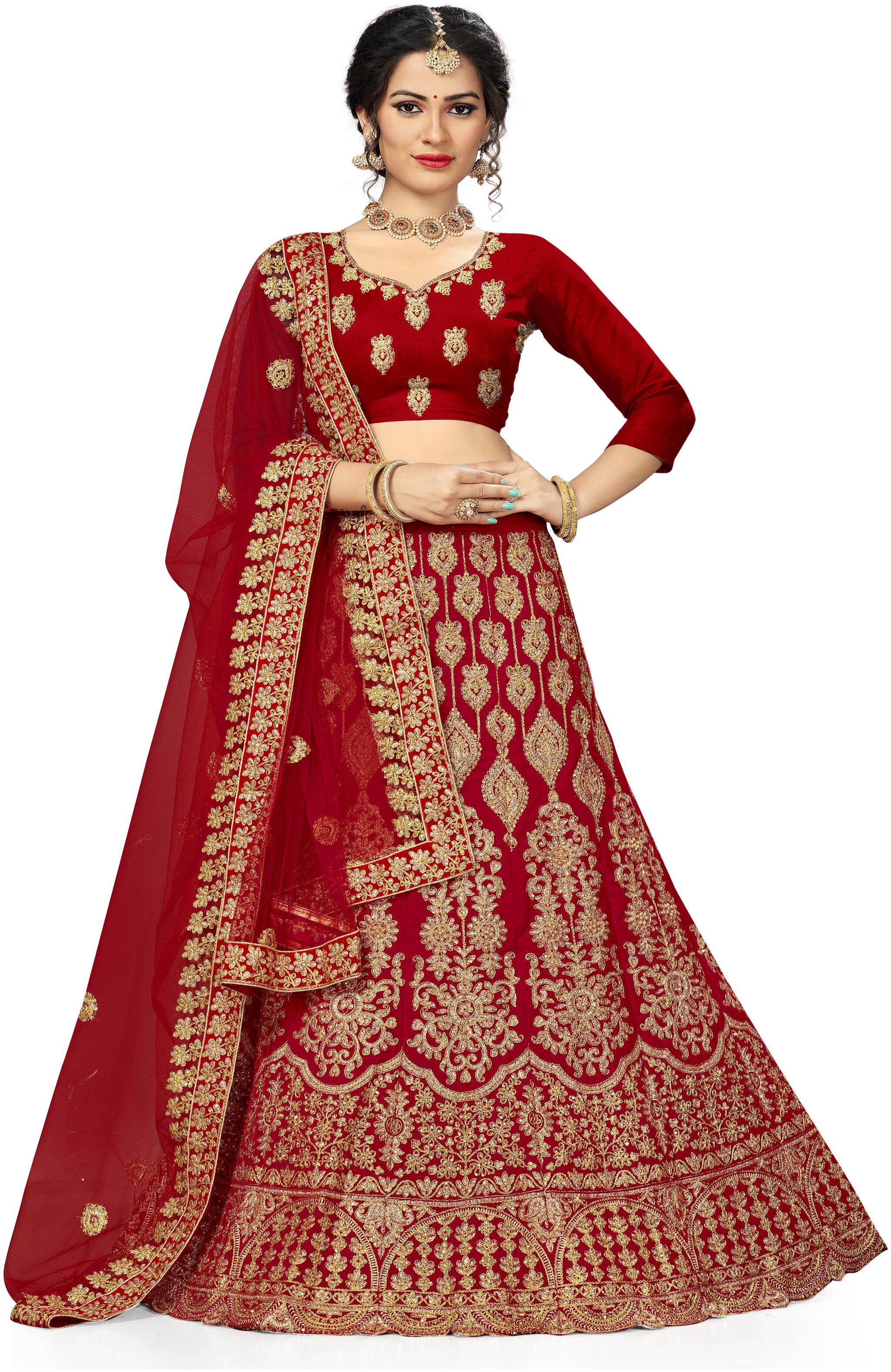 

Maroosh Velvet Red Embroidered Lehenga Choli With Dupatta For Women