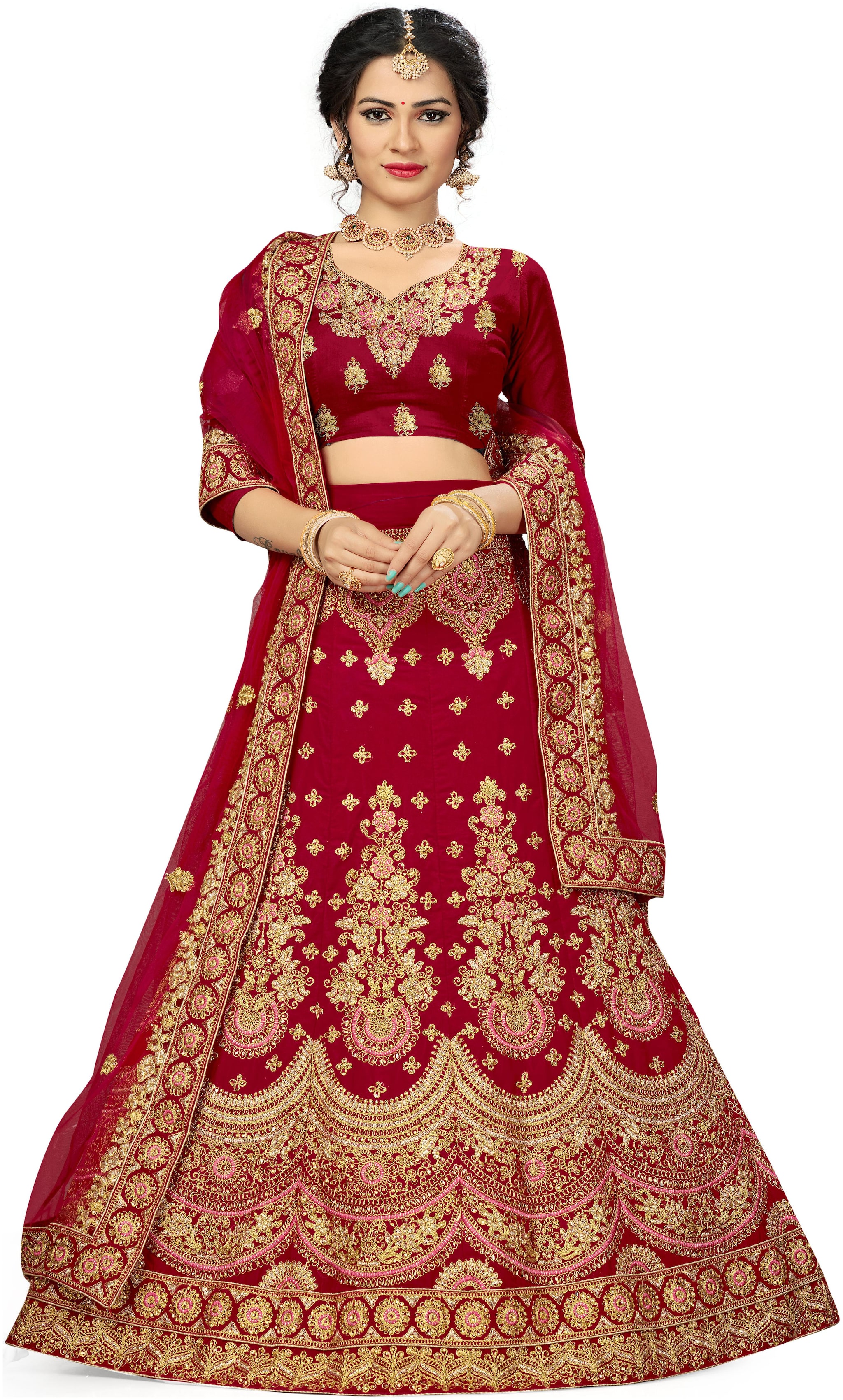 

Maroosh Velvet Red Embroidered Lehenga Choli With Dupatta For Women