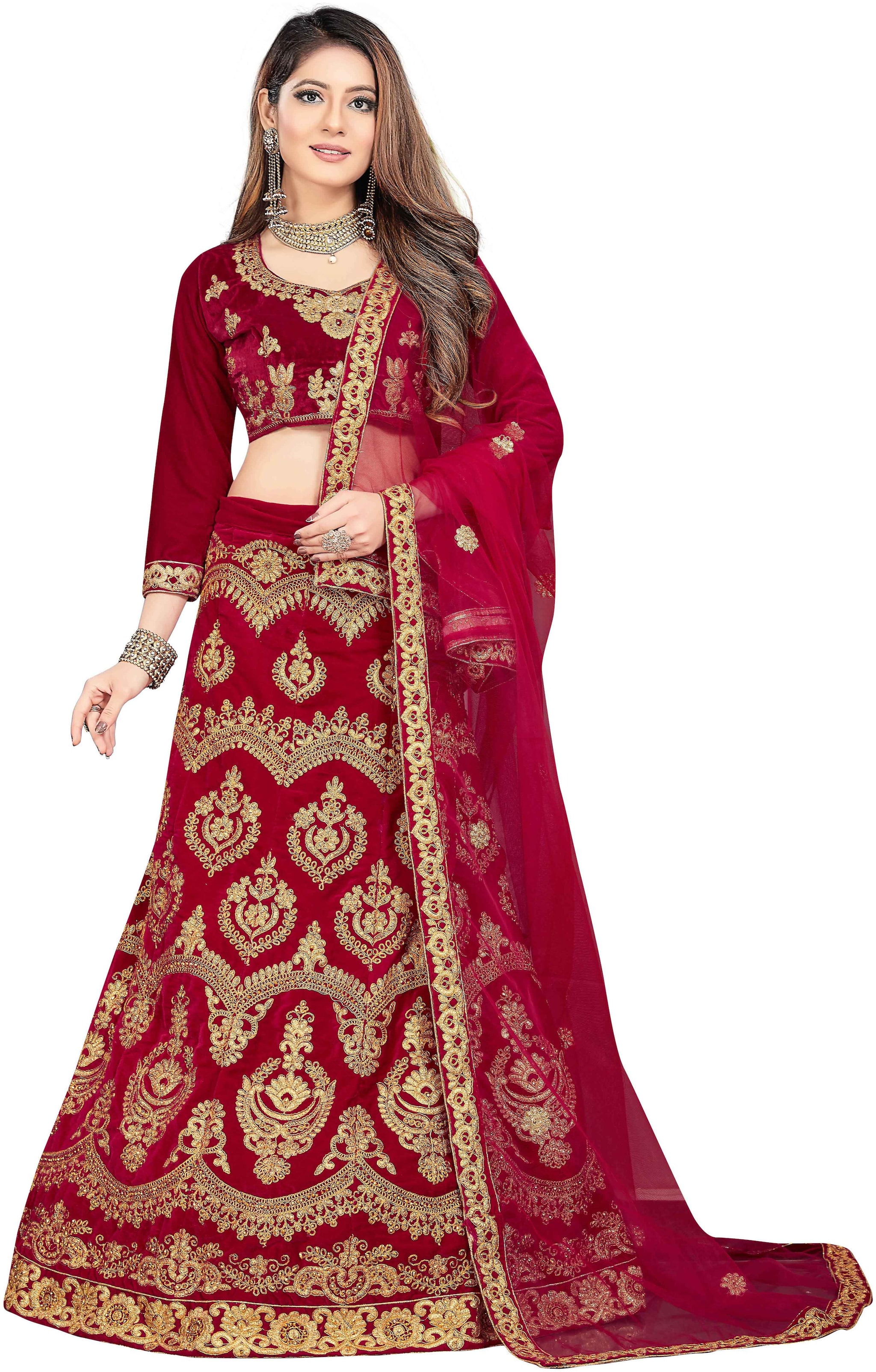 

Maroosh Velvet Embroidered Semi Stitched Lehenga Choli - Maroon