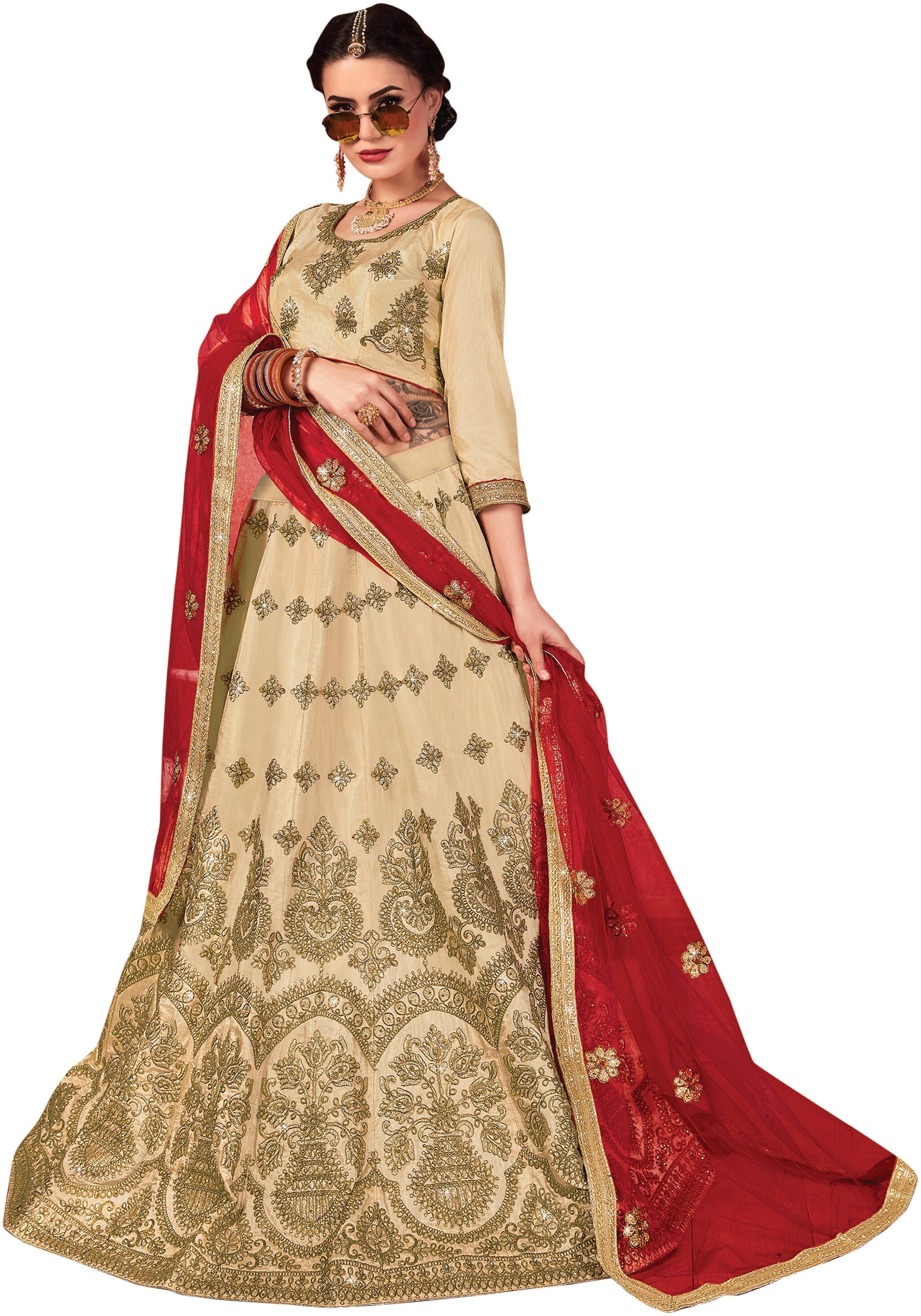 

Maroosh Women Beige Semi-Stiched Embroidered Silk Lehenga Choli