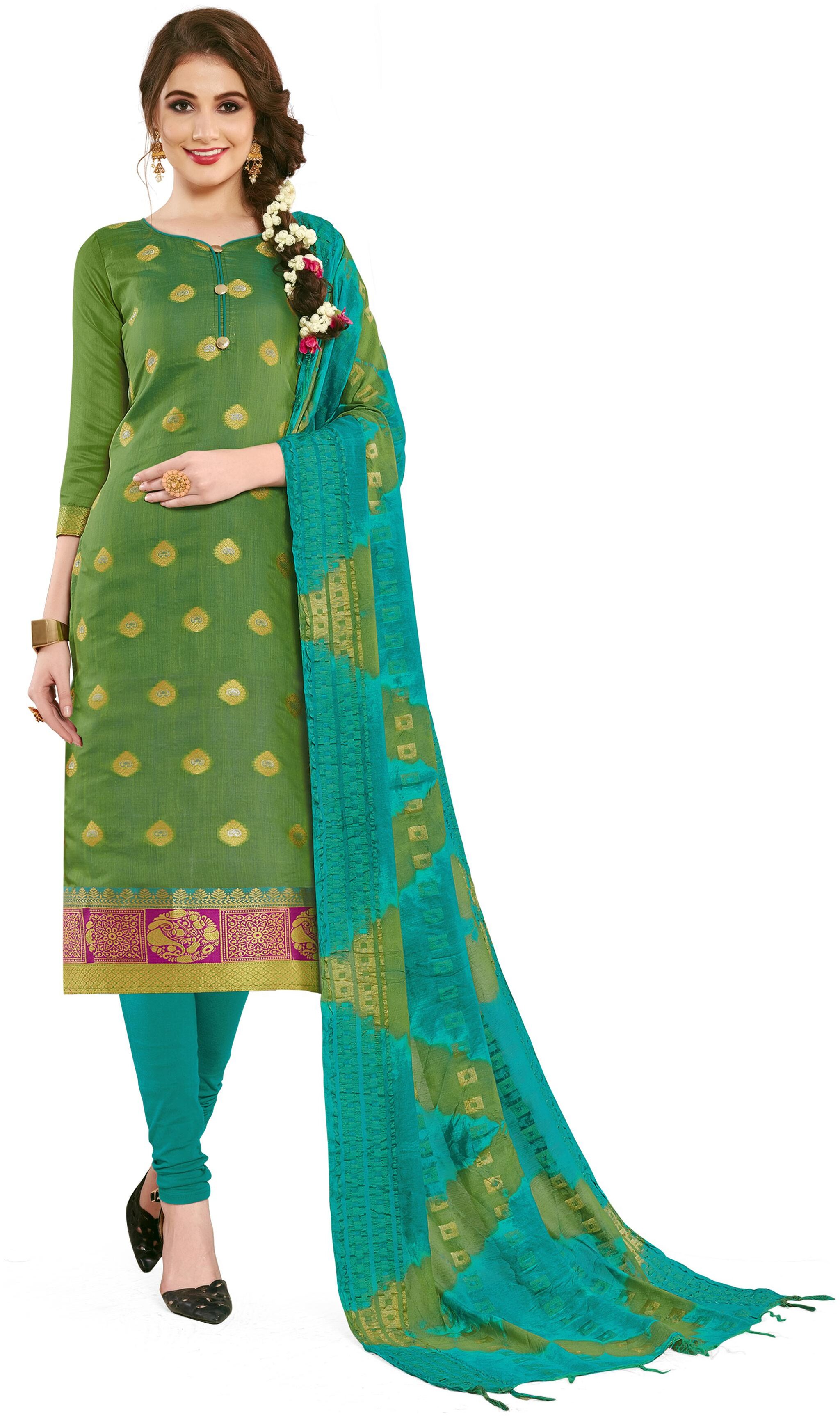 

Maroosh Women Green Semi Stitched Woven Banarasi Silk Dress Material