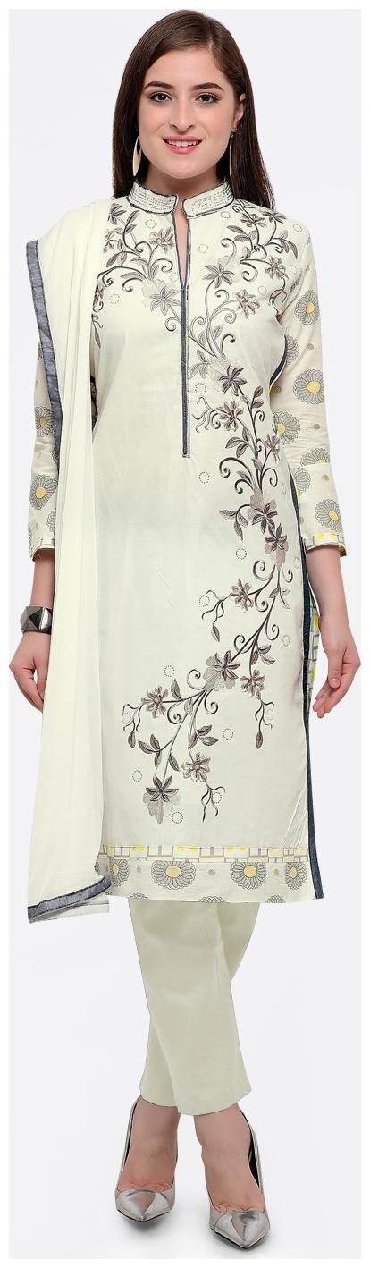 

Maroosh Women White A- Line Thread Work Faux Cotton Dress Material