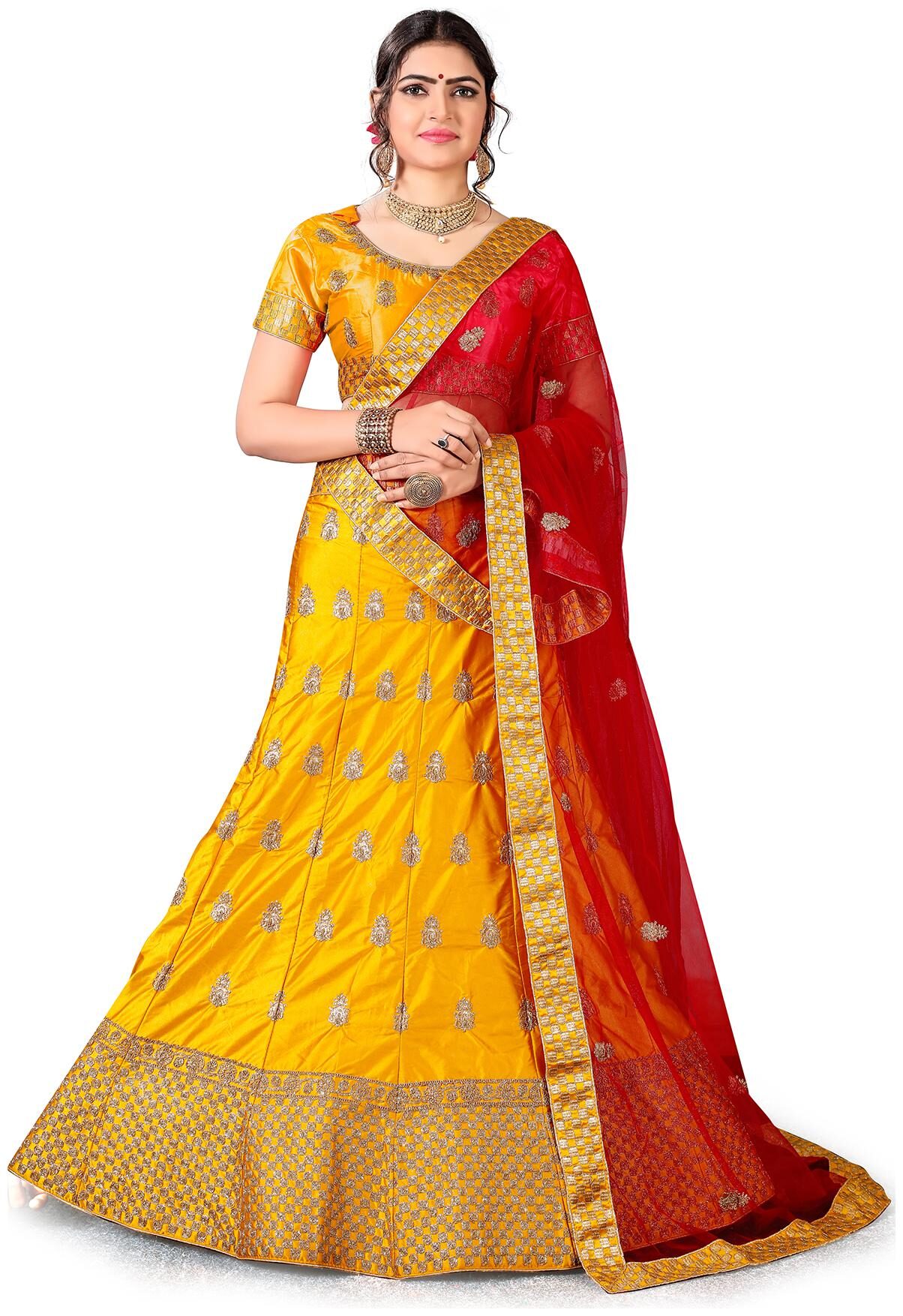 

Maroosh Women Multi Semi Stiched Embroidered Sattin Silk Lehenga Choli