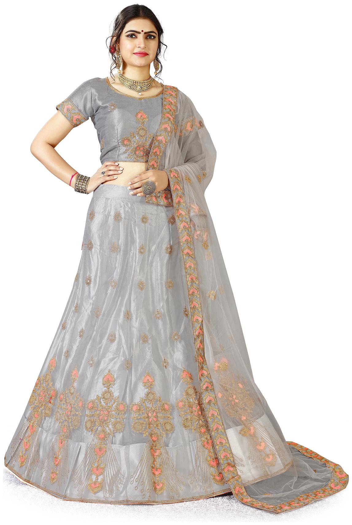 

Maroosh Women Grey Semi Stiched Embroidered Bangalori Silk Lehenga Choli