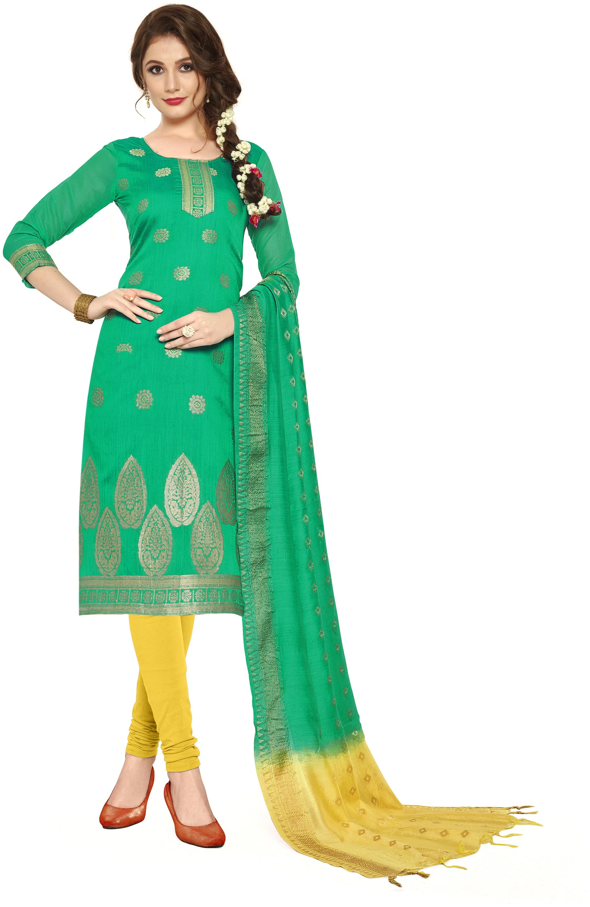 

Maroosh Women Green Semi Stitched Woven Banarasi Silk Dress Material