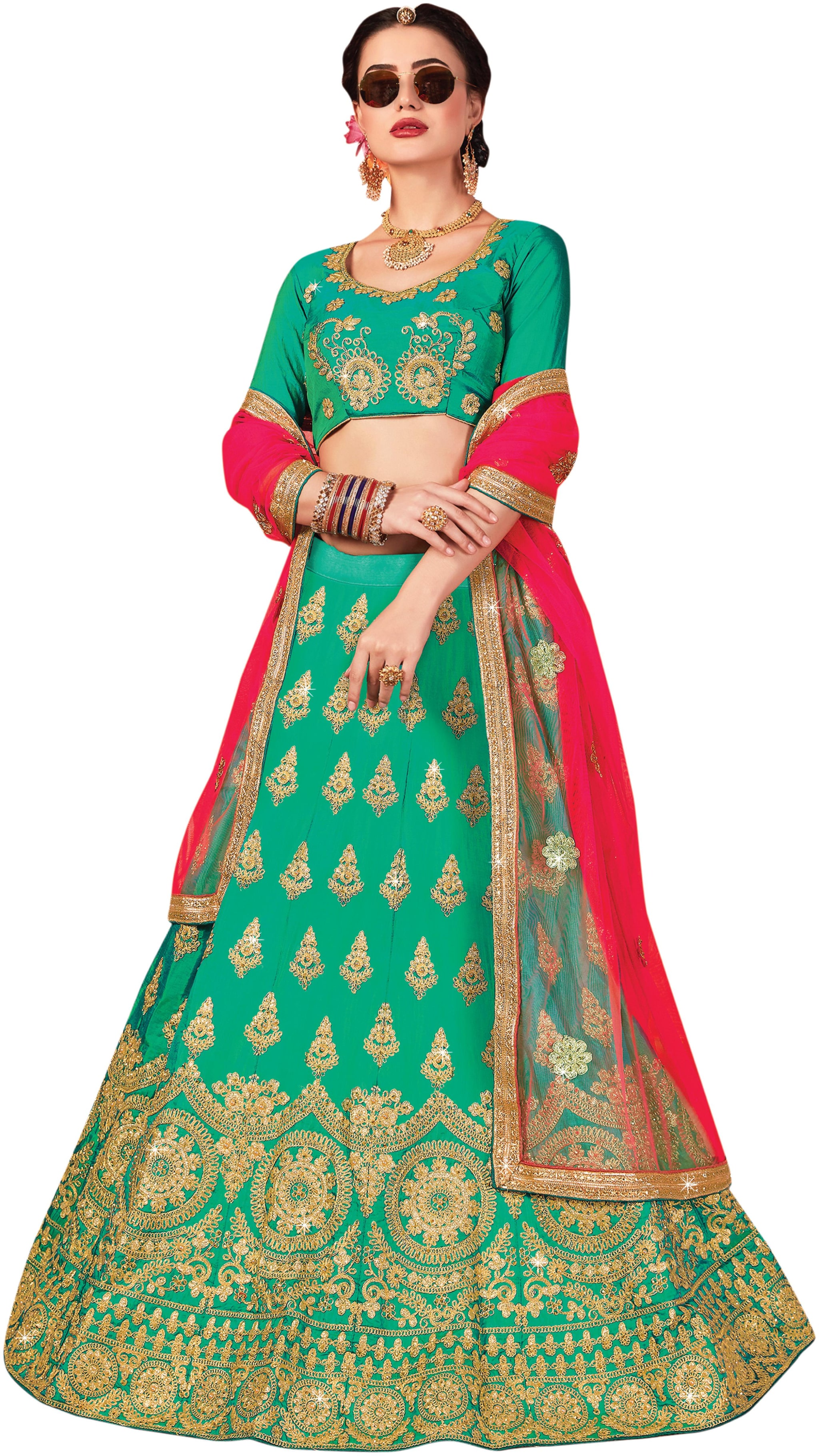 

Maroosh Women Sea Green Semi-Stiched Embroidered Silk Lehenga Choli