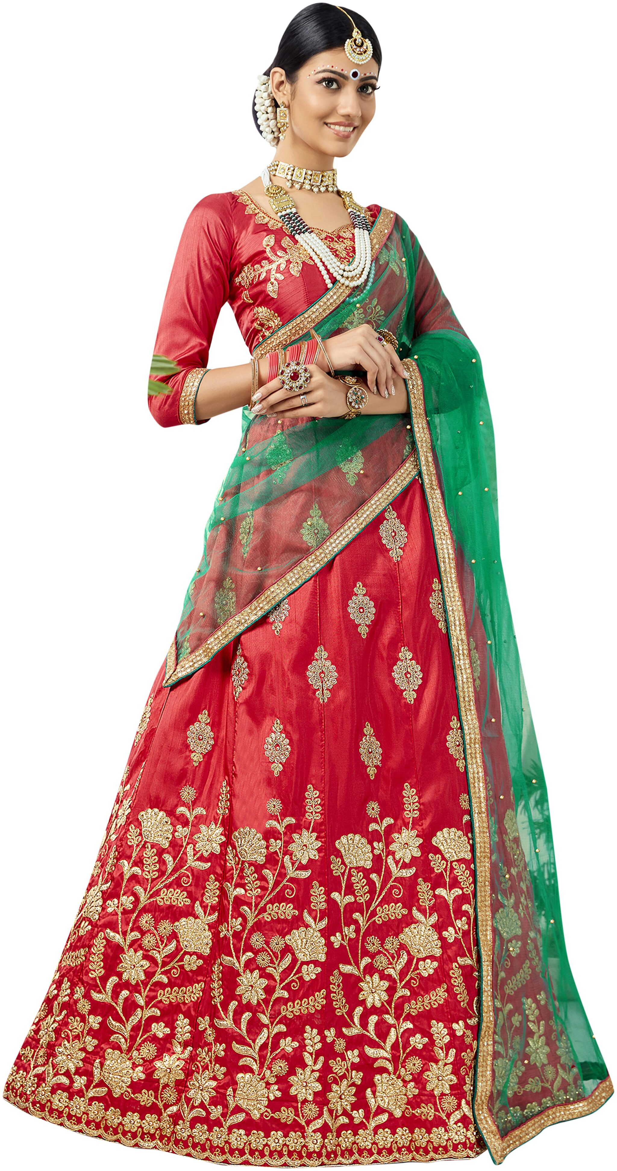 

Maroosh Women Red Semi-Stiched Embroidered Silk Lehenga Choli
