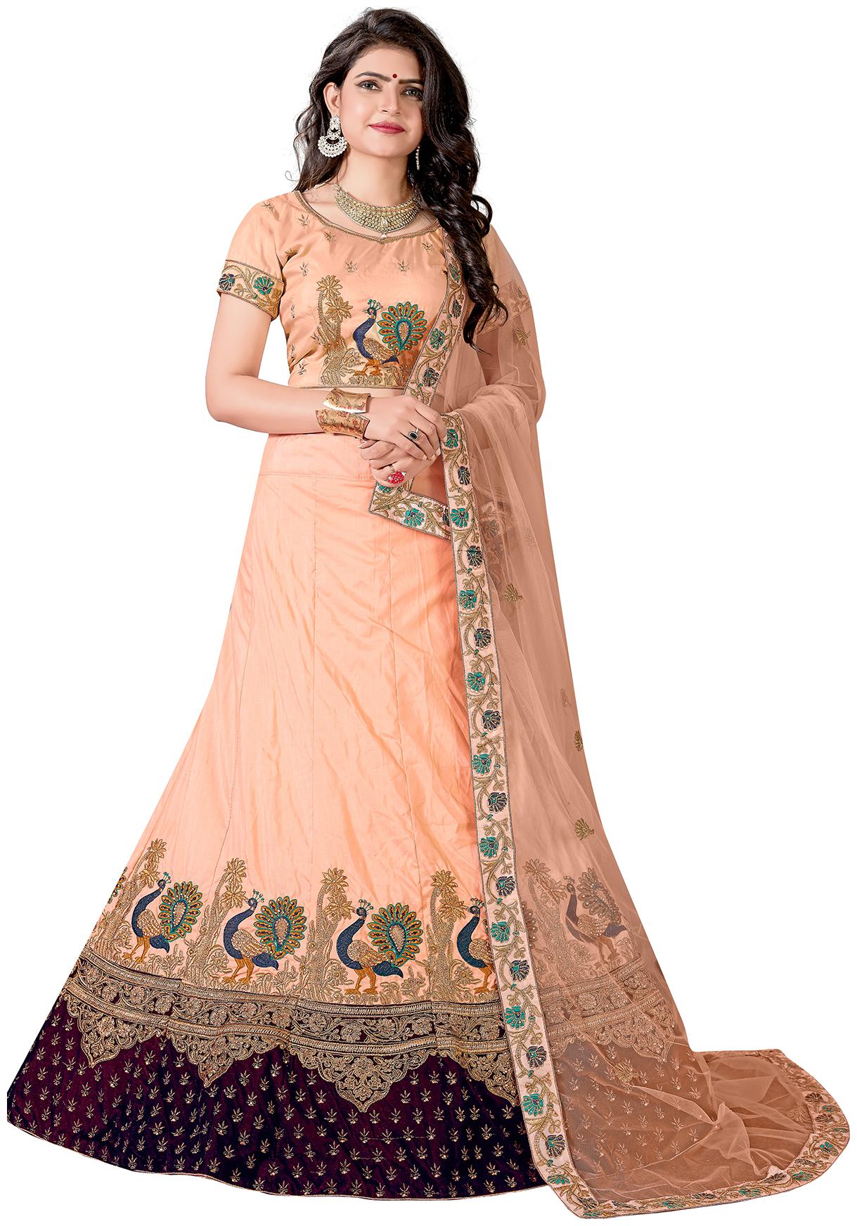 

Maroosh Women Peach Semi Stiched Embroidered Bangalori Silk Lehenga Choli