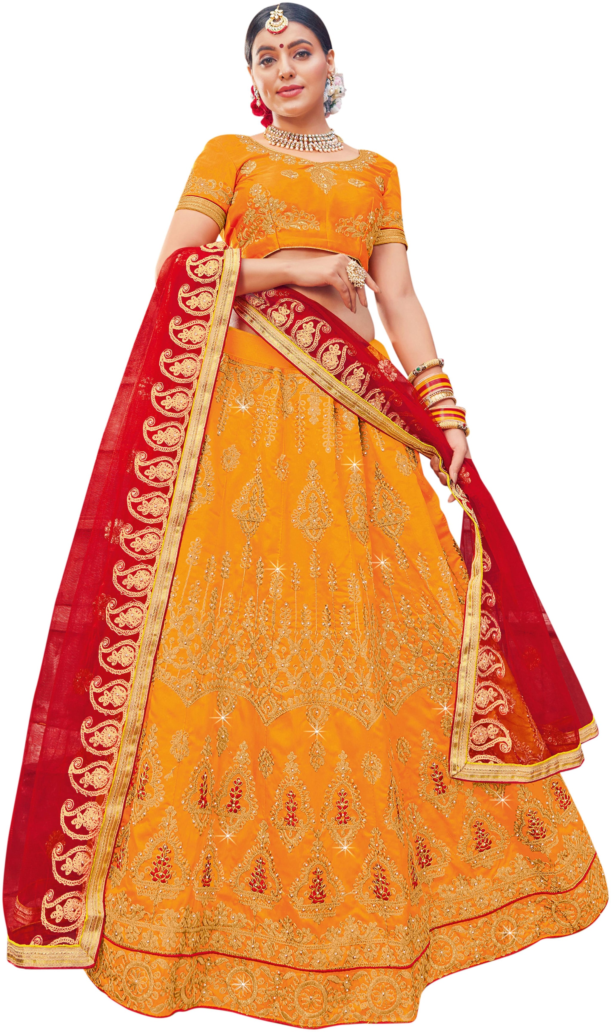 

Maroosh Women Yellow Semi-Stiched Embroidered Silk Lehenga Choli