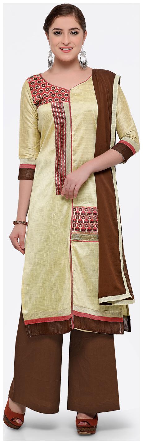 

Maroosh Women Beige Semi Stitched Embroidered Cotton Silk Dress Material