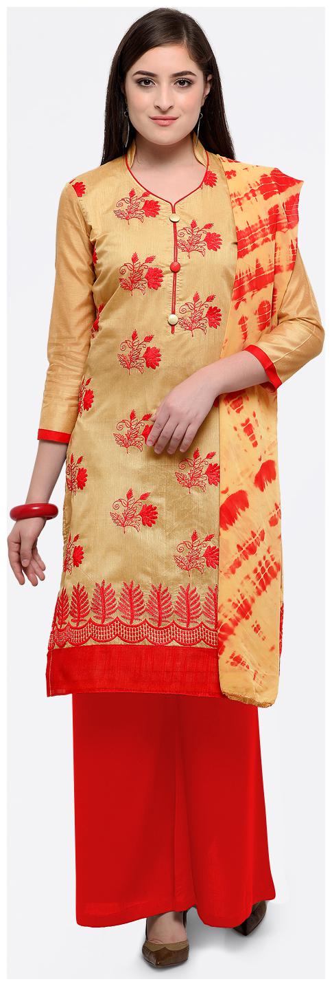 

Maroosh Women Beige A Line Thread Work Cotton Dress Material