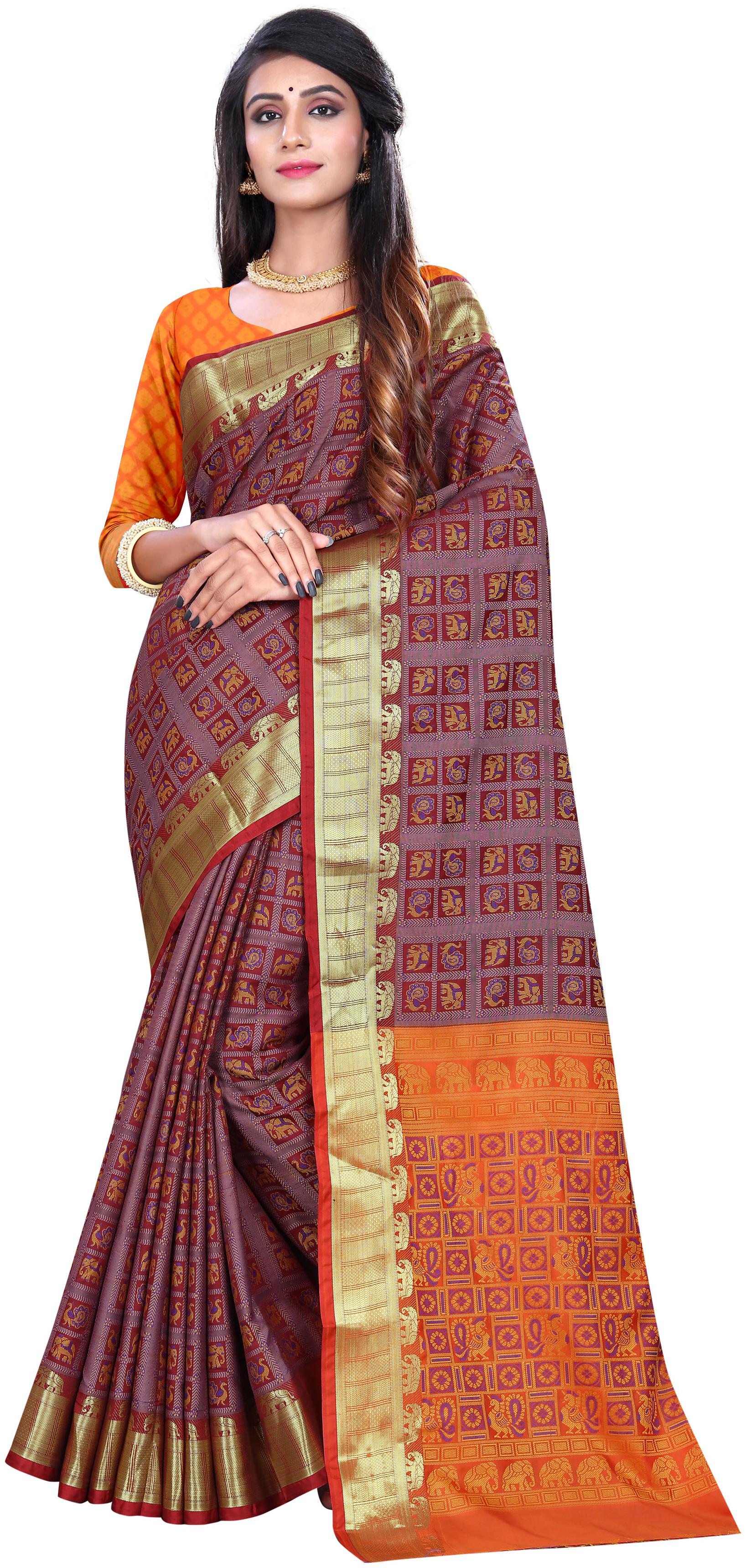 

Maroosh Women Silk Kanchipuram Silk Saree Multi color